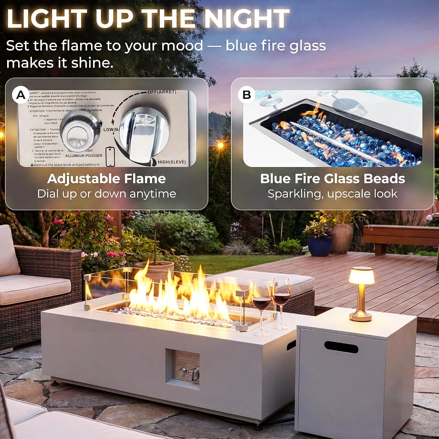 RADIATA 42' Rectangle Propane/Natural Gas Fire Pit for Outside Patio, Elegant Minimalist Lowprofile Firepit Table with Tank Table Long Large, 50000BTU Durable Sturdy Fireplace for Outside, Urban White