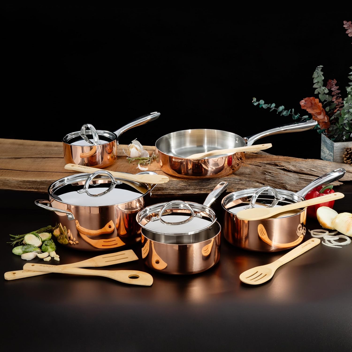 BergHOFF Vintage 15Pc Tri-Ply Copper Cookware Set With Stainless Steel Lids, 10Pc 18/10 Stainless Steel Pots and Pans and 5Pc Bamboo Utensil Set Long Ergonomic Shaped Handle 3-layer Base, Polished
