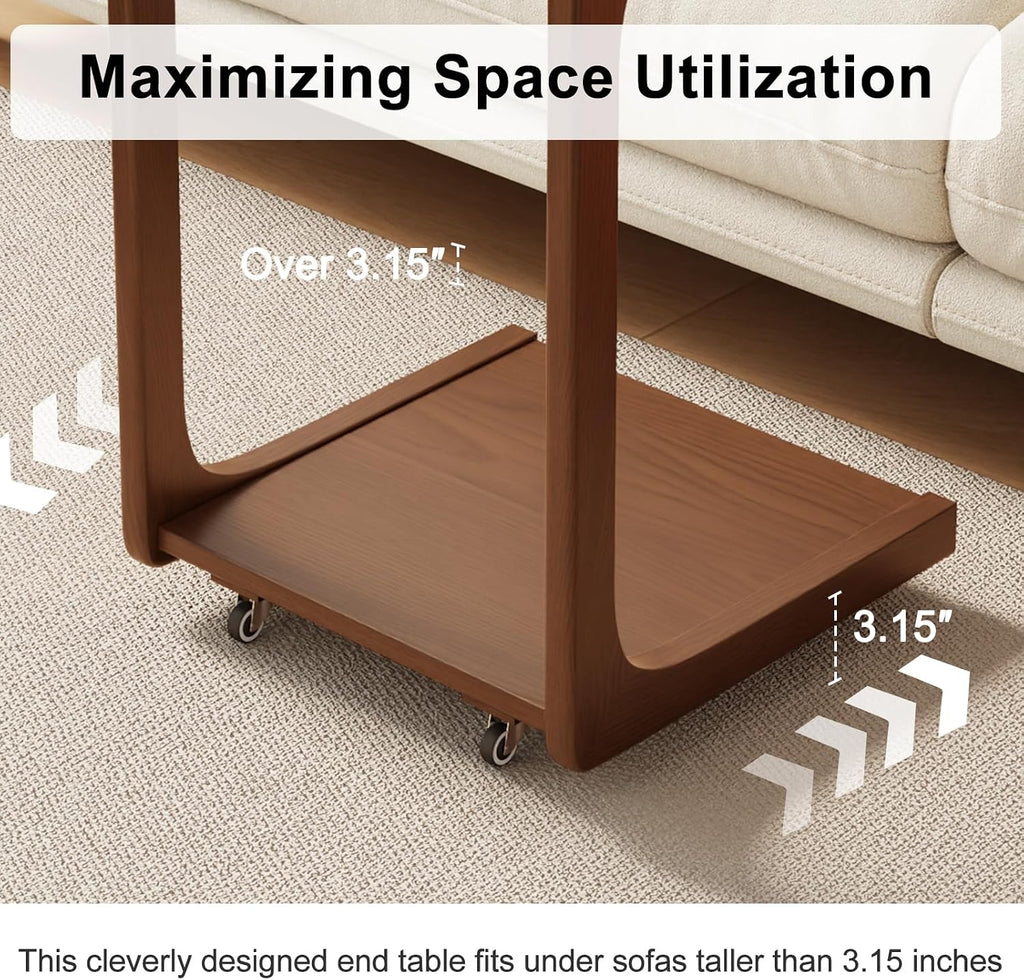 AQIMUELE Wooden C-Shaped End Table,Couch Table with Adjustable Desktop,Small Rolling Side Table with 2 Lockable Wheels 23.6' Width,Small End Table for Couch, Living Room,Bedroom (Walnut)