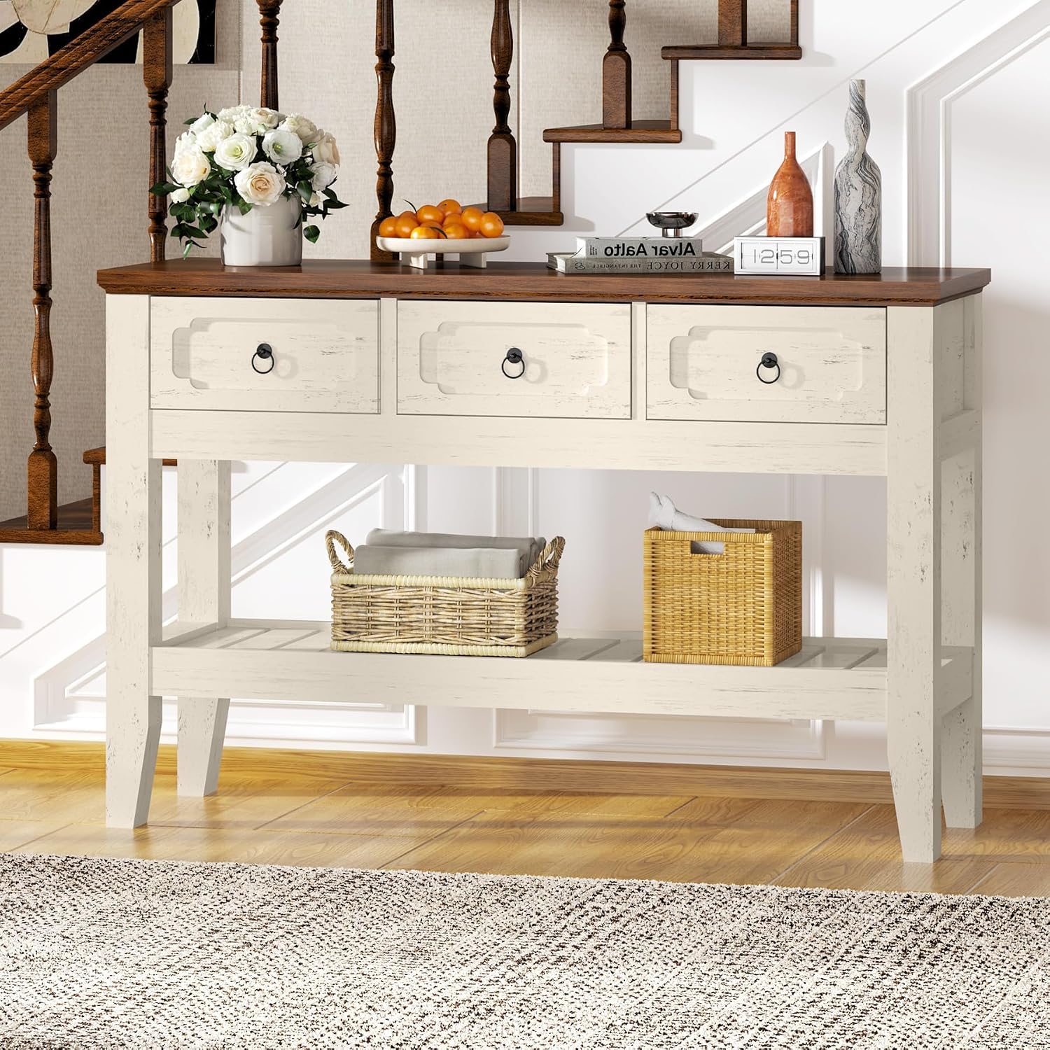 IDEALHOUSE 47in Long Console Table, Farmhouse Narrow Entryway Sofa Table with Drawers and Bottom Shel for Living Room Entrance Foyer, Rustic White