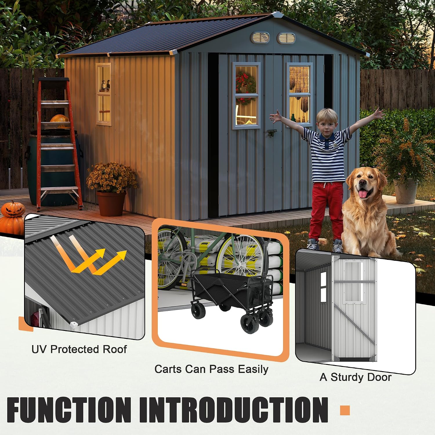 Metal Outdoor Storage Shed, 8x8 ft with Lockable Doors, Four Daylight Windows, Screened Vents, 120 sq ft Storage Space, Outdoor Garden Room ，Outdoor Pet Room (White 8x8FT)