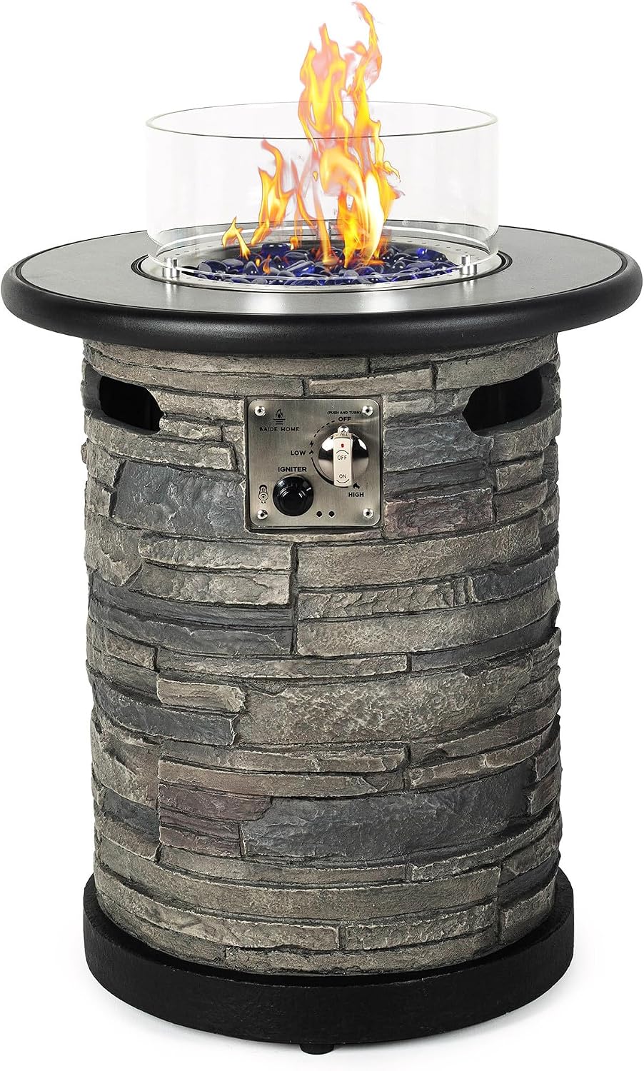 BAIDE HOME Outdoor Propane Fire Pit Table, Round Porcelain Tile Top 22' Fire Bowl Column W/ 40,000 BTU Firepit Table Auto-Ignition 400D Cover Glass Rocks for Outside Patio