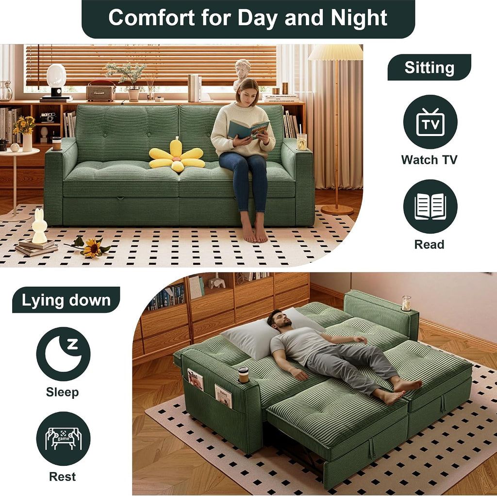MAKIAAP Sleeper Sofa Bed, Queen Size Sofa Bed, Convertible Pull Out Couch with Adjustable Backrest, USB Port and Side Pockets, Modern 2 Seater Small Couches for Living Room, Space-Saving