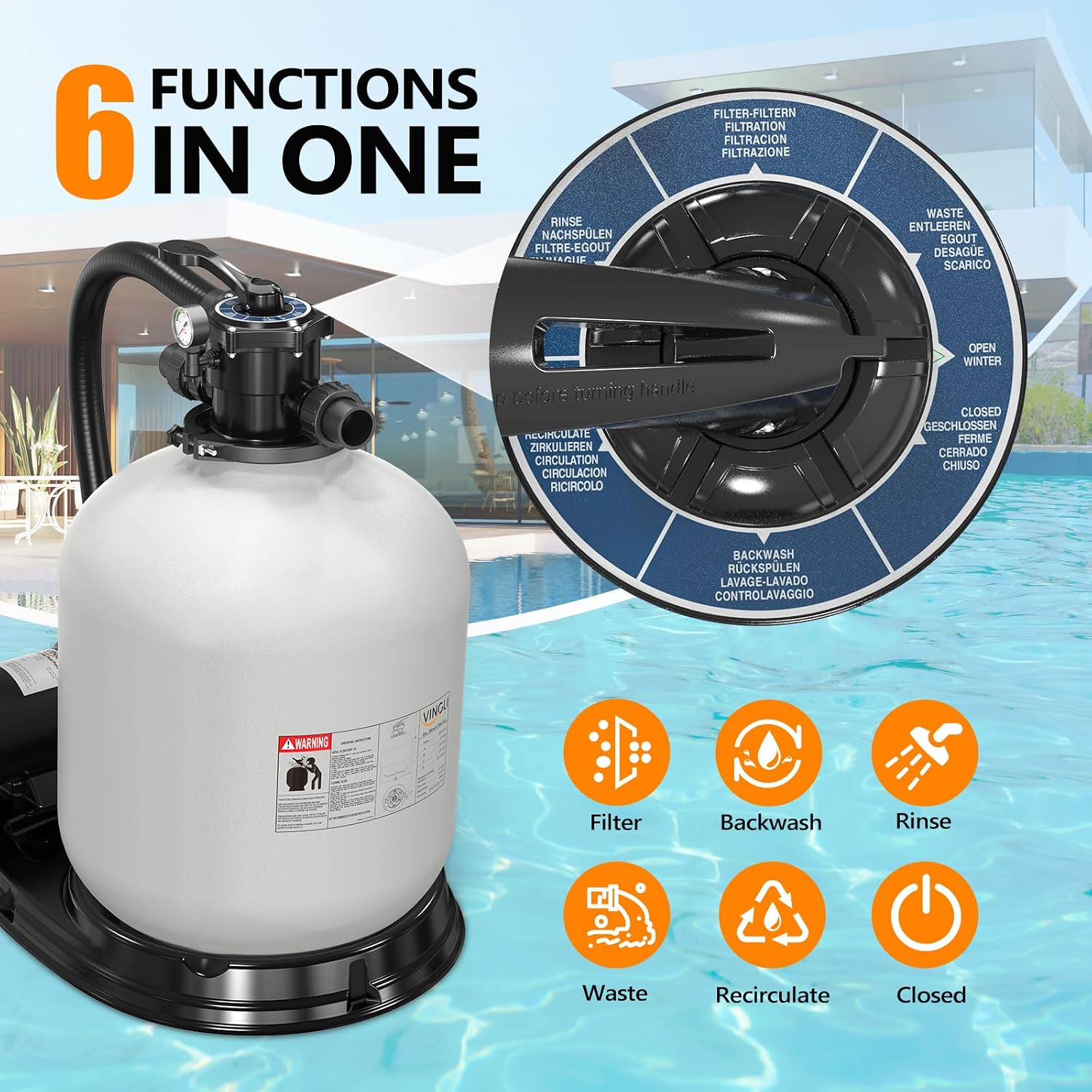 VINGLI 24 in Sand Filter Pump, 4227 GPH 1.5 HP Commercial Grade Heavy Duty Pool Filter Pump with 7-Way Valve for Large Above Ground & Inground Pools Up to 20000 Gallons