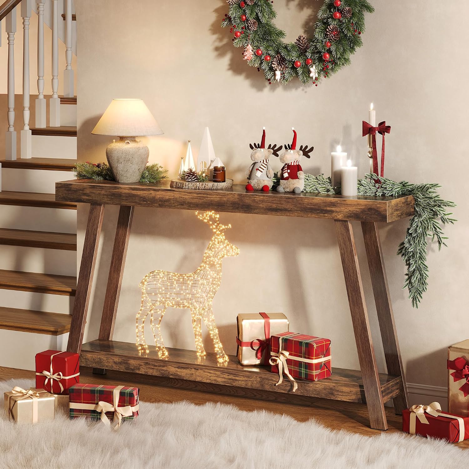 Huuger Console Table with Charging Station, USB-C Port, 2 Tiers Entryway Table, 53.9 Inch Sofa Table with Metal Legs, Entry Hallway Table with Thicker Desktop, Modern Behind Couch Table, Rustic Brown