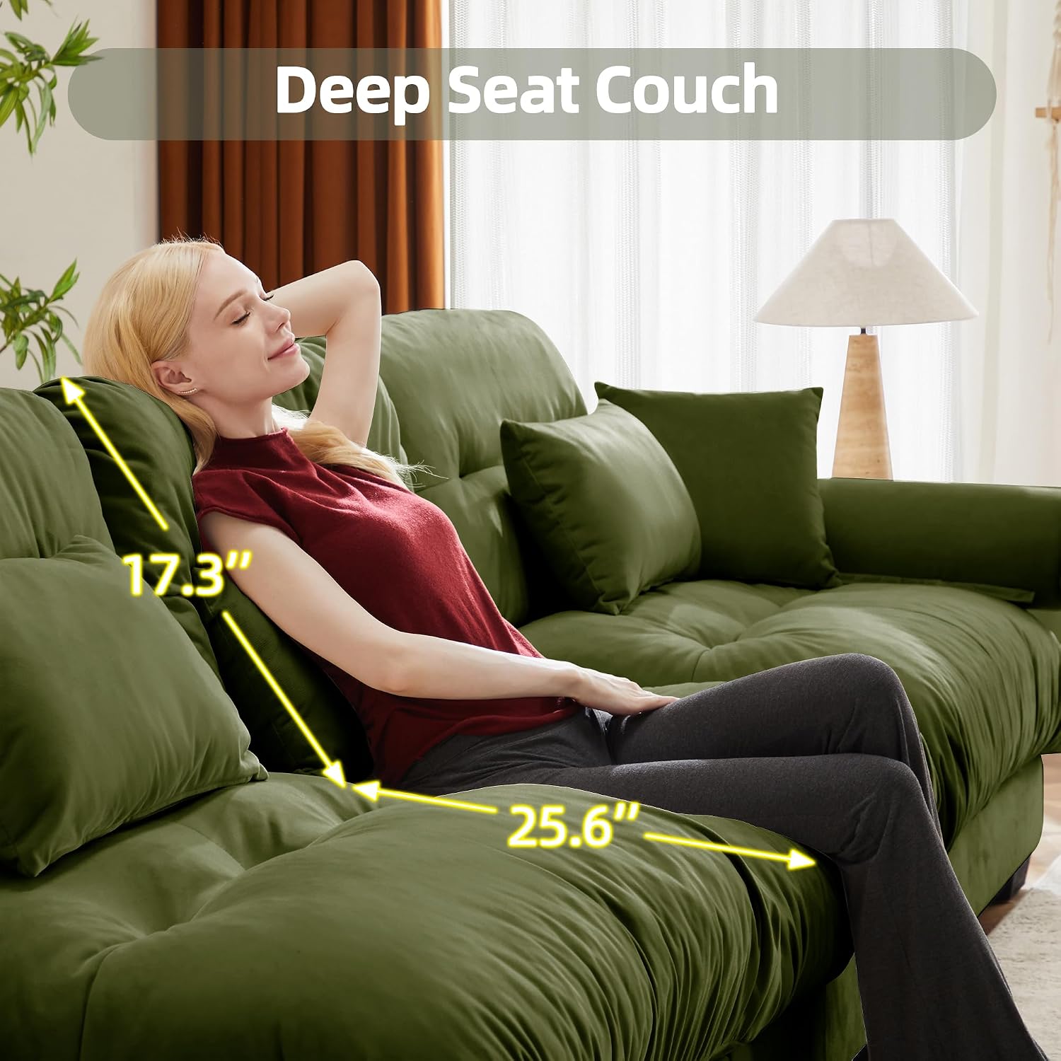 Loveseat Sofa 93.7' Modular Sectional Sofa, 2 Seater Modern Cloud L Shaped Couch, Oversized Sectional Couches for Living Room, Comfy Velvet Sofas Deep Seat Couch with 4 Pillows, Green