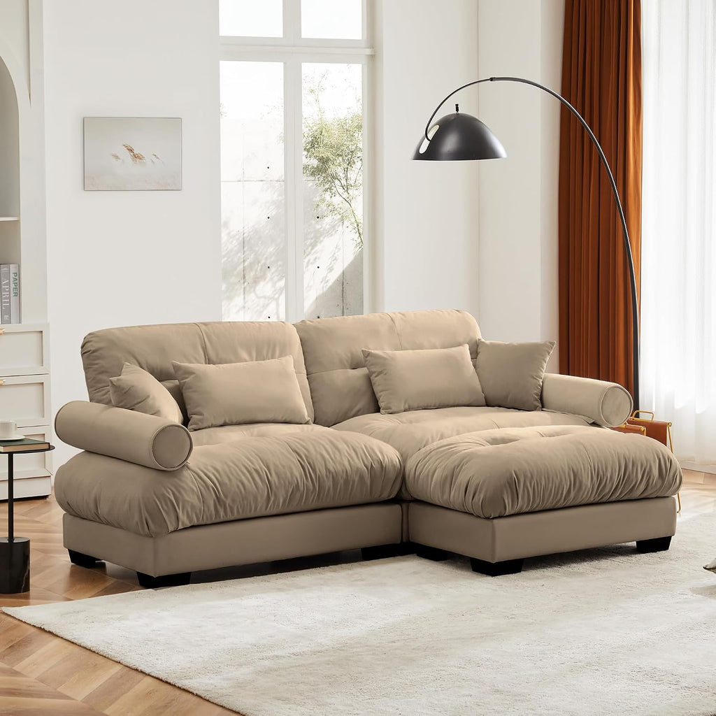 Loveseat Sofa 93.7' Modular Sectional Sofa, 2 Seater Modern Cloud L Shaped Couch, Oversized Sectional Couches for Living Room, Comfy Velvet Sofas Deep Seat Couch with 4 Pillows, Camel