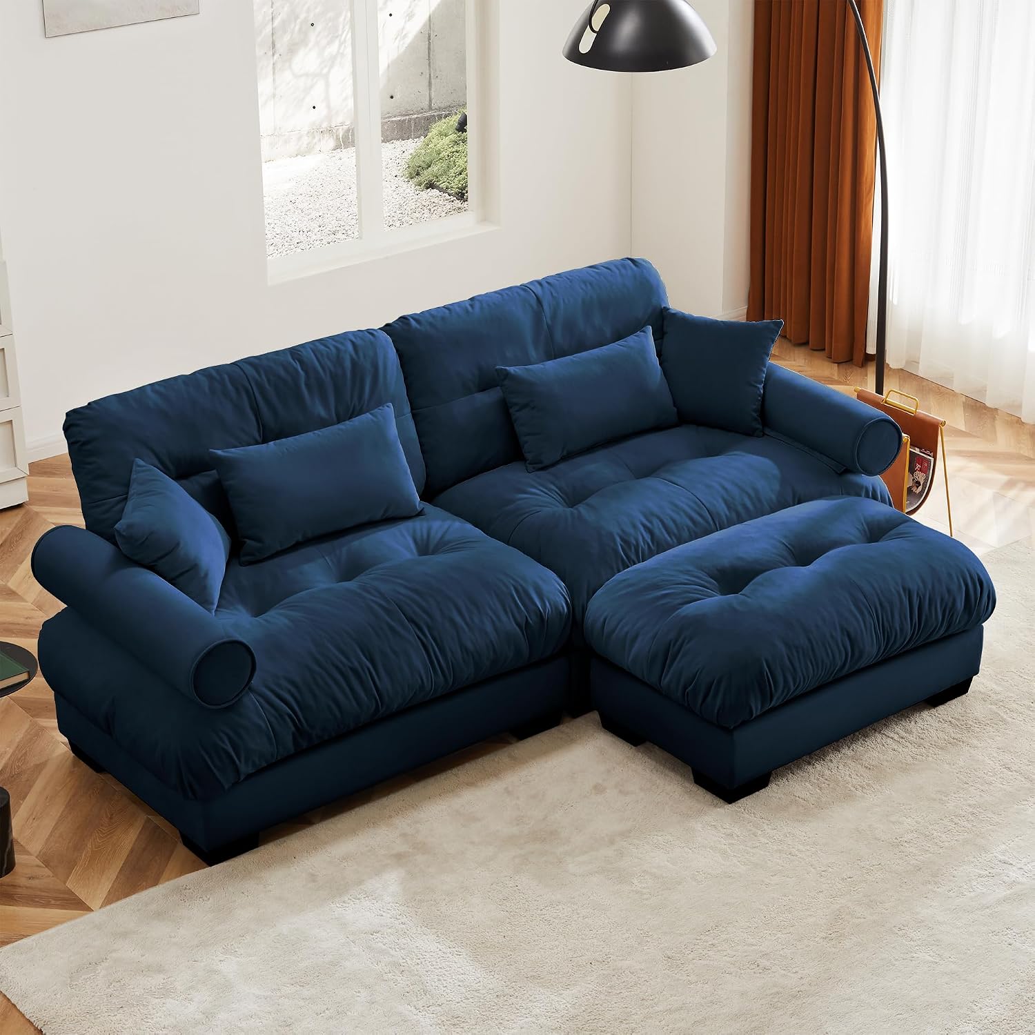 Loveseat Sofa 93.7' Modular Sectional Sofa, 2 Seater Modern Cloud L Shaped Couch, Oversized Sectional Couches for Living Room, Comfy Velvet Sofas Deep Seat Couch with 4 Pillows, Blue
