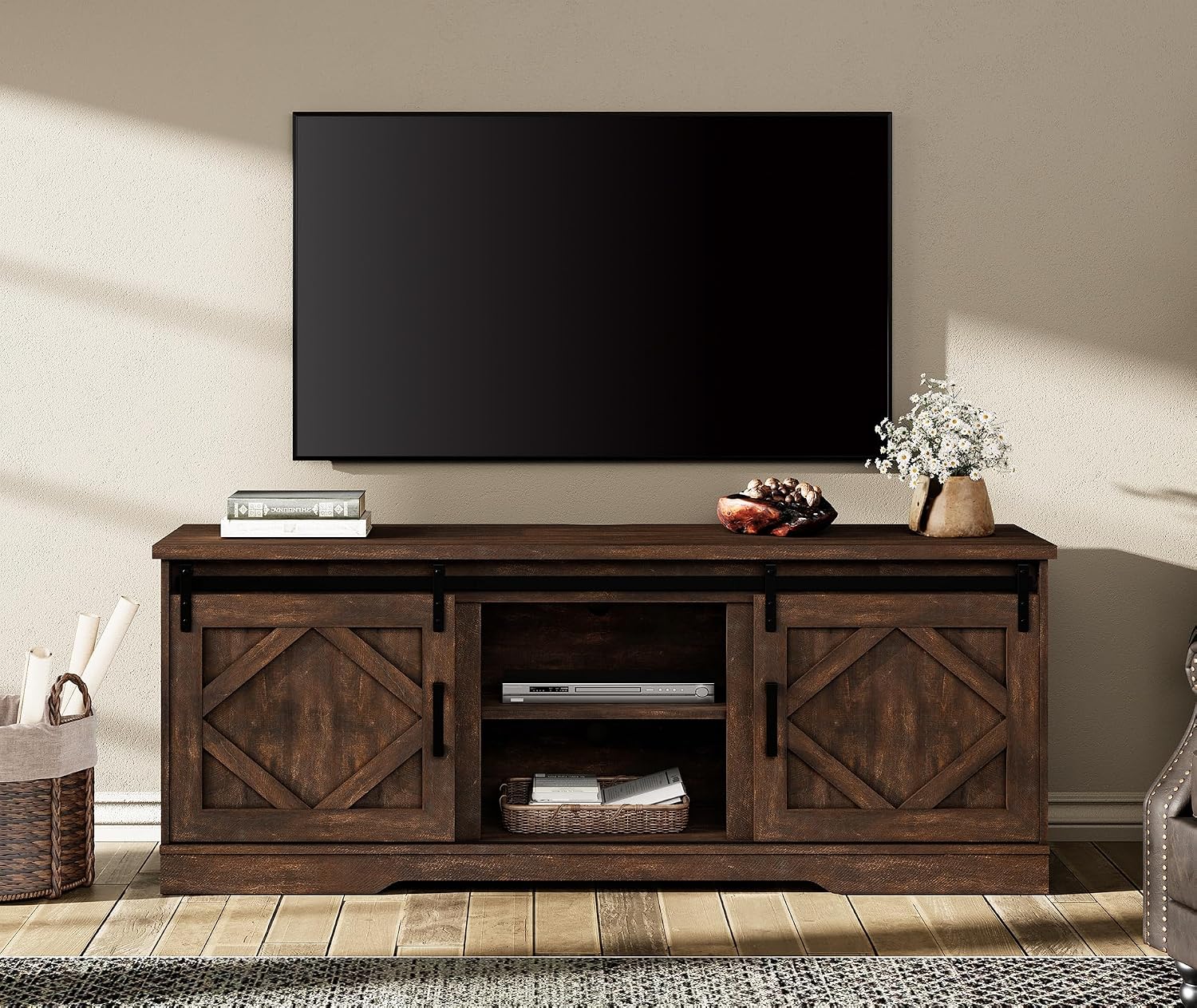 WAMPAT Modern Farmhouse TV Stand for TVs up to 75' with Sliding Barn Doors, 25.6' H Wood Entertainment Center with Adjustable Media Storage Shelf for Living Room, Dark Walnut Brown