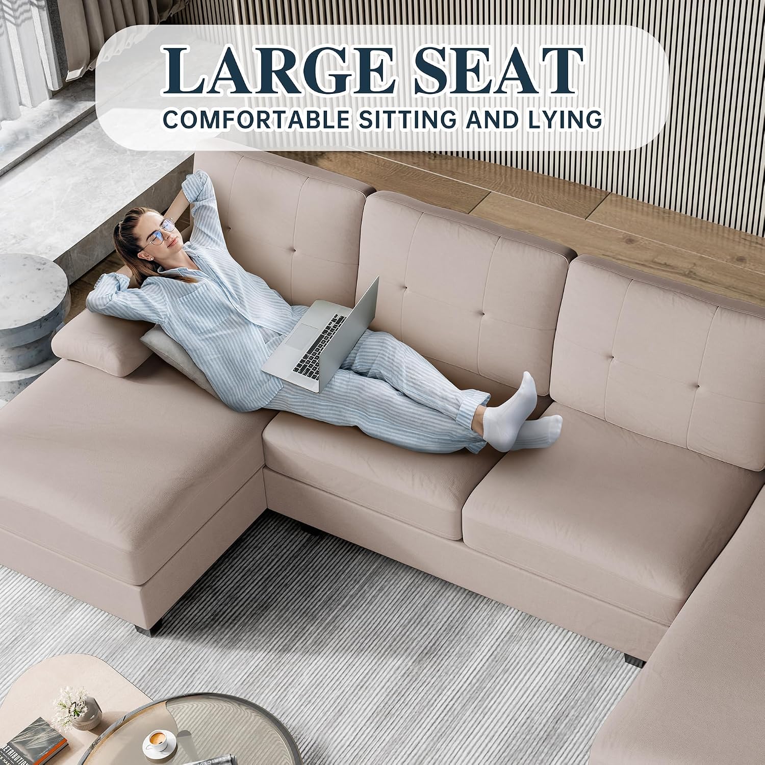 Sectional Couches for Living Room, 106 in U Shaped Couches for Living Room, 4 Seat Sofa with Armrest, Sectional Couch for Apartment, Beige