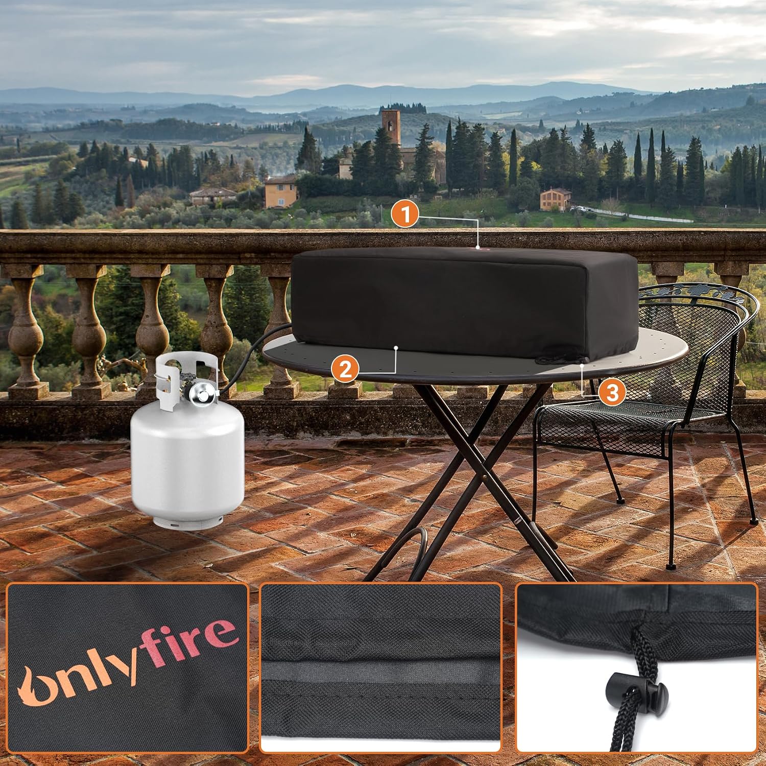 Onlyfire 28'' Tabletop Fire Pit with Cover, Propane Gas Fireplace with Rear Air Inlet, Glass Wind Guard and Lava Rock, Outdoor Patio Rectangular Smokeless Fire Table