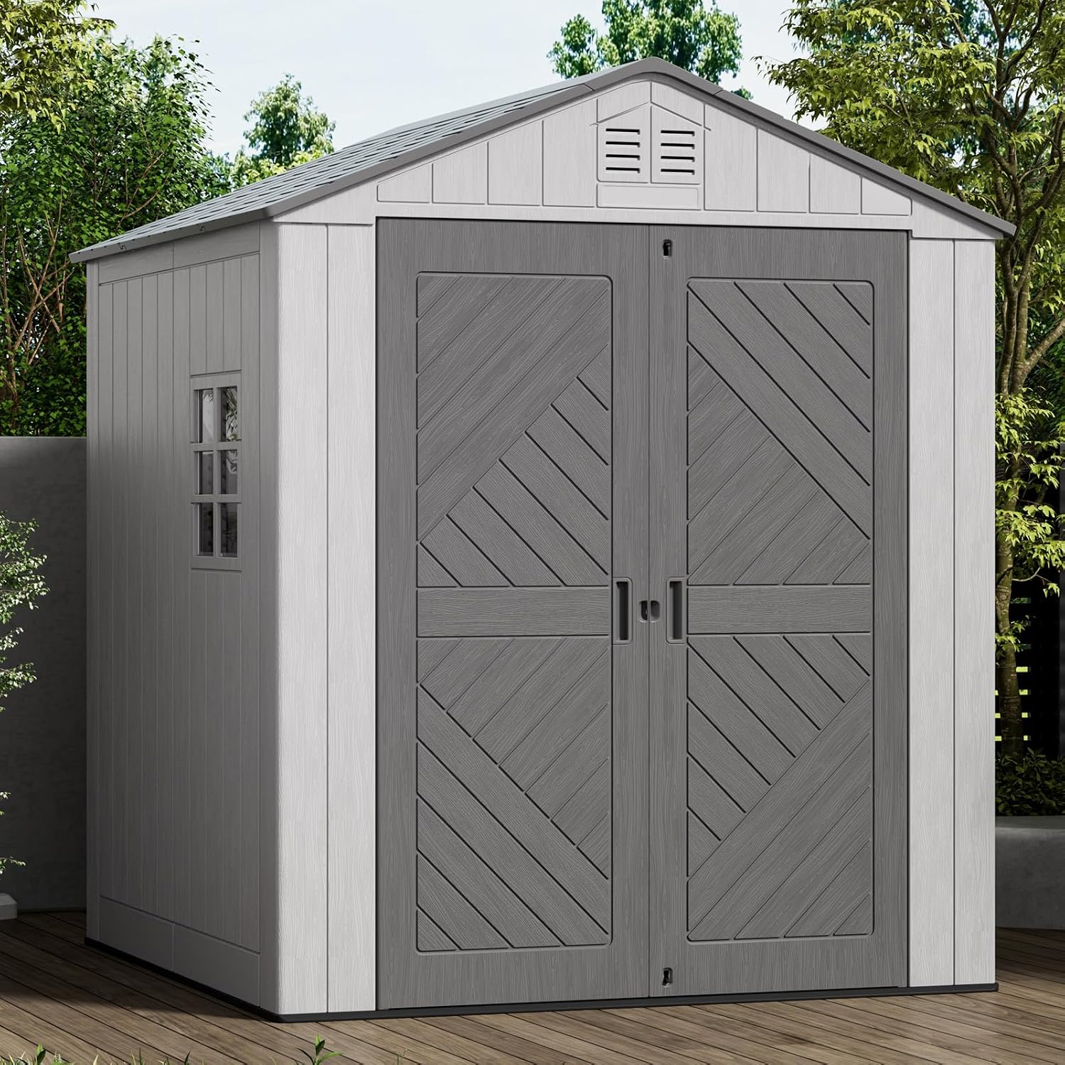 Mrosaa 6x6 FT Large Outdoor Storage Shed,HDPE Resin Outdoor Storage Sheds Weather Resistant,Lockable Garden Sheds with Windows for Home/Garden Tools/Backyard/Lawn Mower/Bike Storage(Gray)