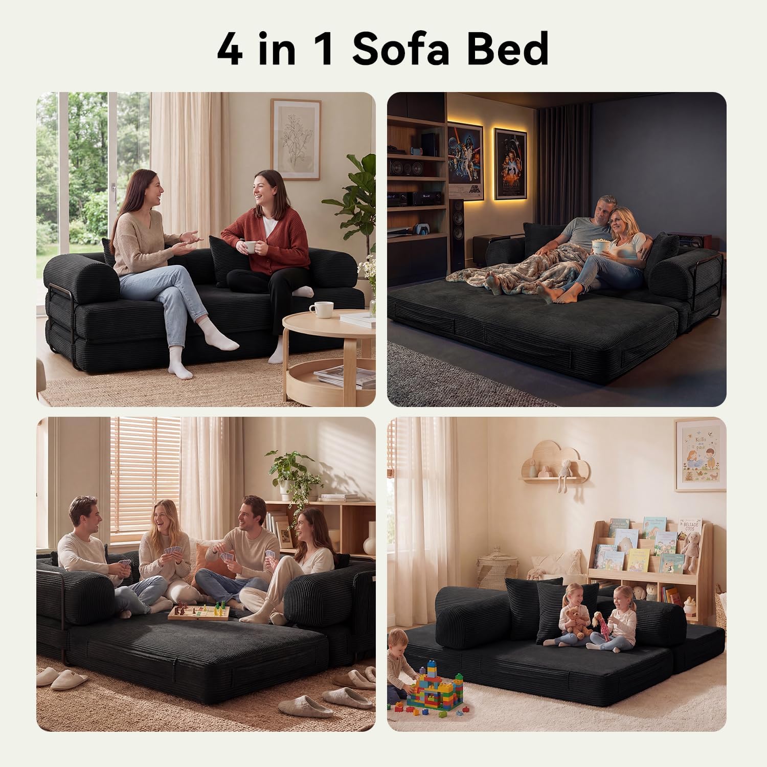 79' Sofa Bed Convertible Boneless Couch Corduroy Modular Couch Bed with Fixed-Shape Frame & Removable Armrests for Living Room, Bedroom (Black)