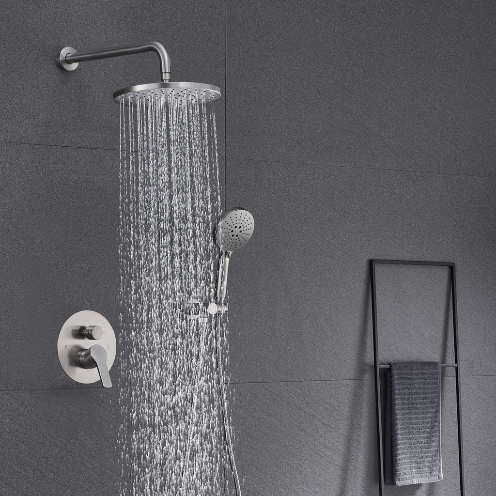 Iriber Shower System Wall Mounted Shower Faucet Set with High Pressure Shower head and 3-Setting Handheld, Bathroom Shower Trim Kit Contain Pressure Balance Valve Cartridge, Brushed Nickel