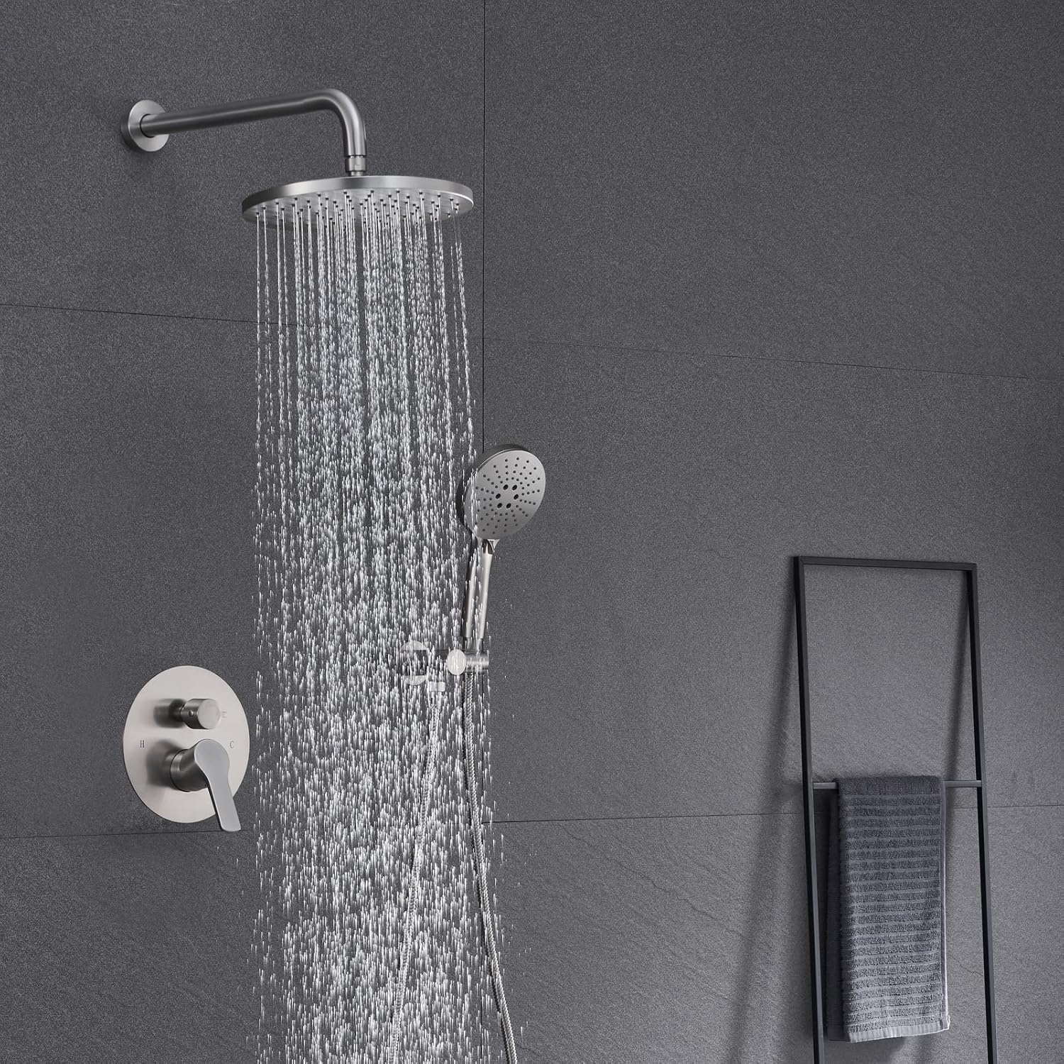 Iriber Shower System Wall Mounted Shower Faucet Set with High Pressure Shower head and 3-Setting Handheld, Bathroom Shower Trim Kit Contain Pressure Balance Valve Cartridge, Brushed Nickel