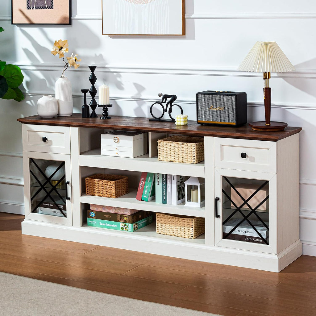 70 Inch Farmhouse TV Stand Table for 75/80 inch TV, Modern Entertainment Center with LED Lights and 2 Drawers, Wooden TV Stands for Living Room (Antique White)