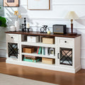 70 Inch Farmhouse TV Stand Table for 75/80 inch TV, Modern Entertainment Center with LED Lights and 2 Drawers, Wooden TV Stands for Living Room (Antique White)