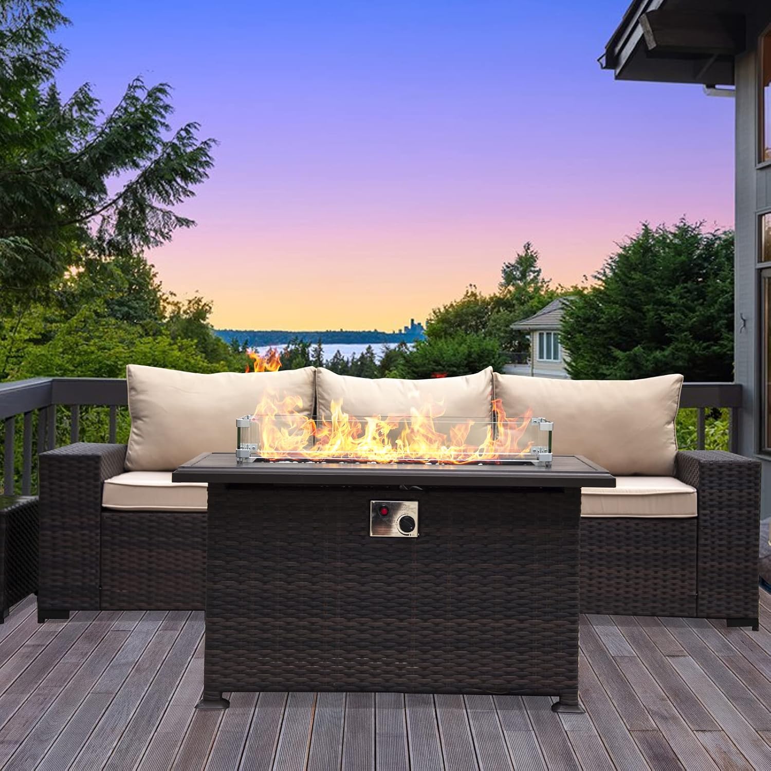 43' Propane Fire Pit Table 55,000 BTU, Gas Fire Pit with Glass Wind Guard and Metal Lid,CSA Certification Outdoor Fire Pit Auto-Ignition