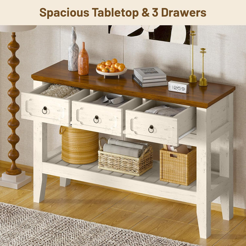 IDEALHOUSE 47in Long Console Table, Farmhouse Narrow Entryway Sofa Table with Drawers and Bottom Shel for Living Room Entrance Foyer, Rustic White