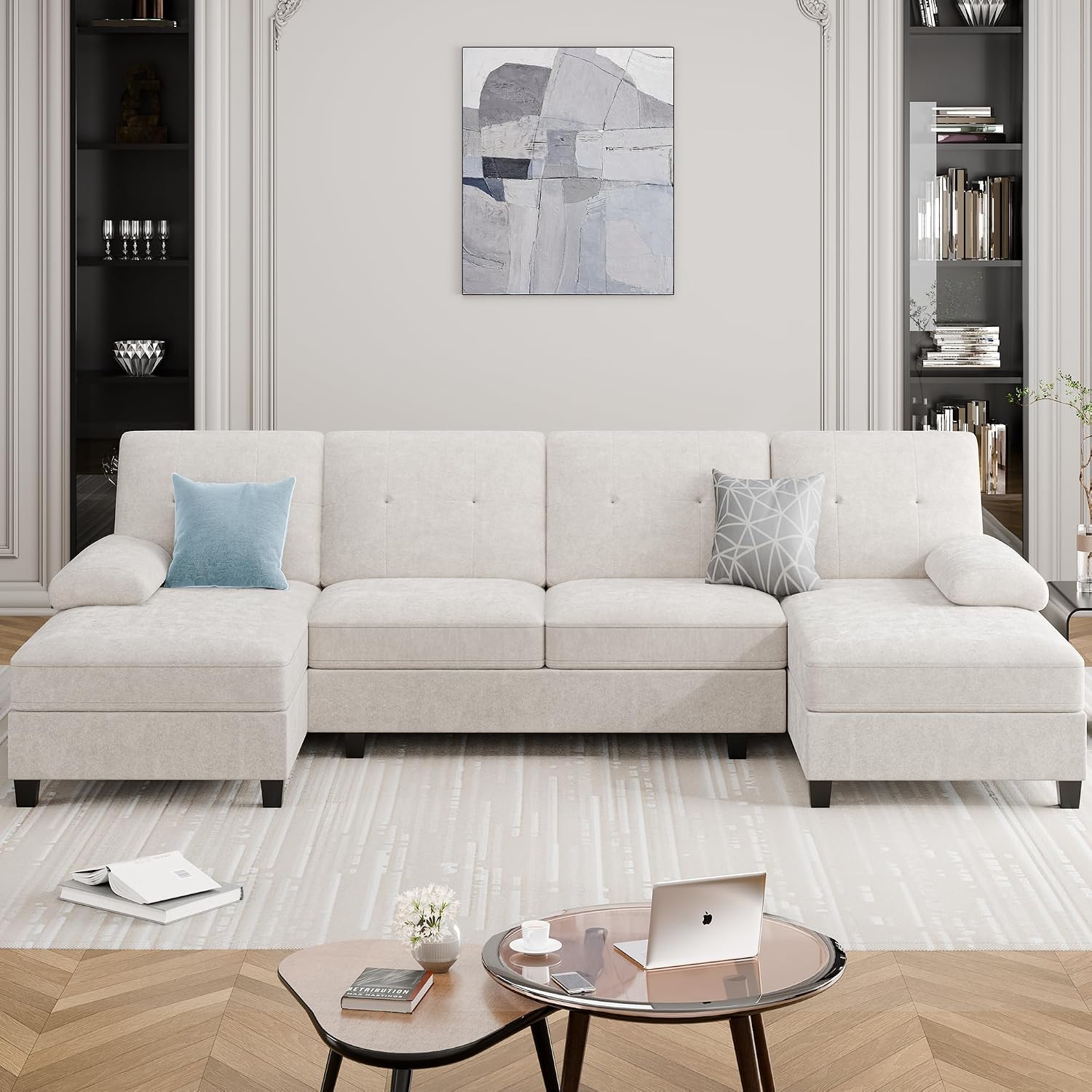 106' U Shaped Sectional Sofa for Living Room, 4-Seat Fabric Couch with Double Chaise Longue, Comfortable Large Sectional with 300lbs Capacity per Seat for Apartment & Home, Pure White
