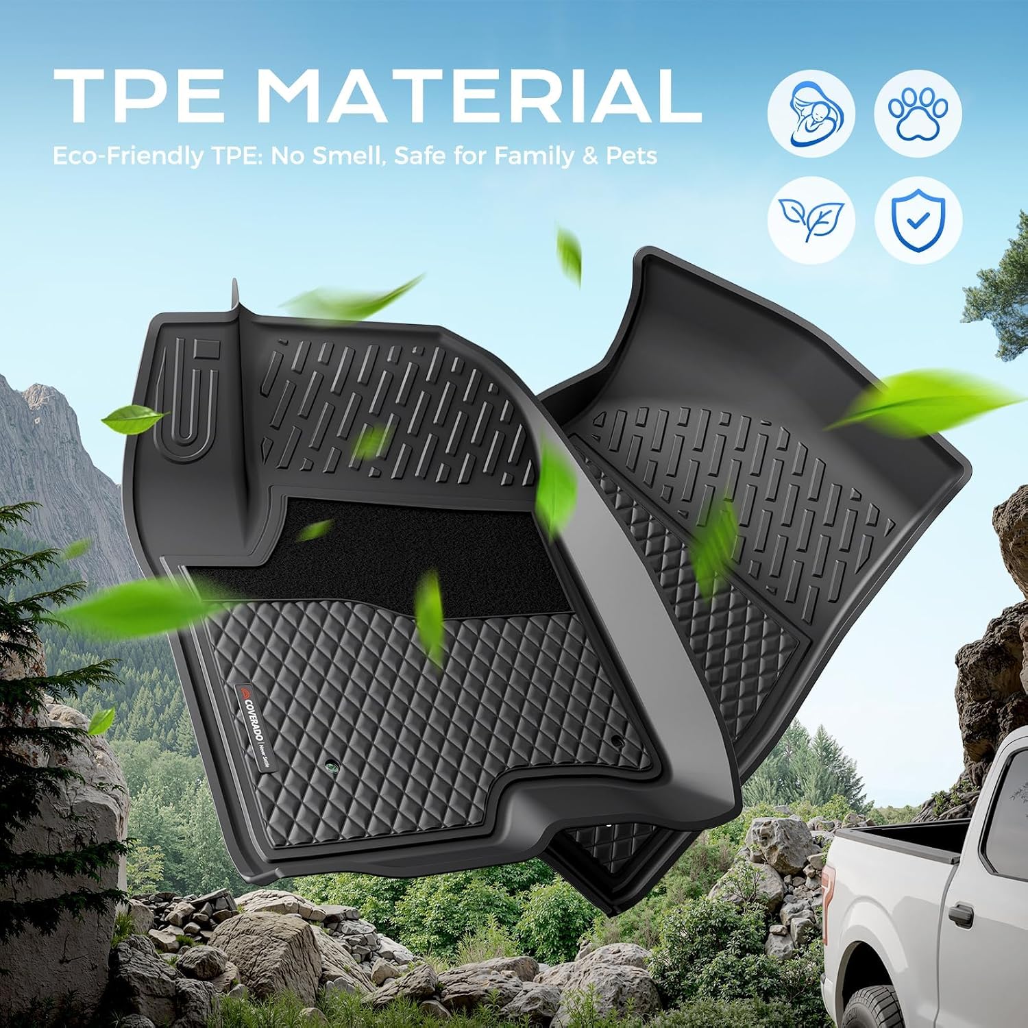 Coverado TPE Floor Mats for 2019-2024 Silverado 1500/Sierra Crew Cab, Driver Dual-Layer Anti-Slip&Split Rear Row, 1st&2nd Row Bucket Seat w/Rear Storage, All-Weather Liners, Not Fit LD/Bench/Regular