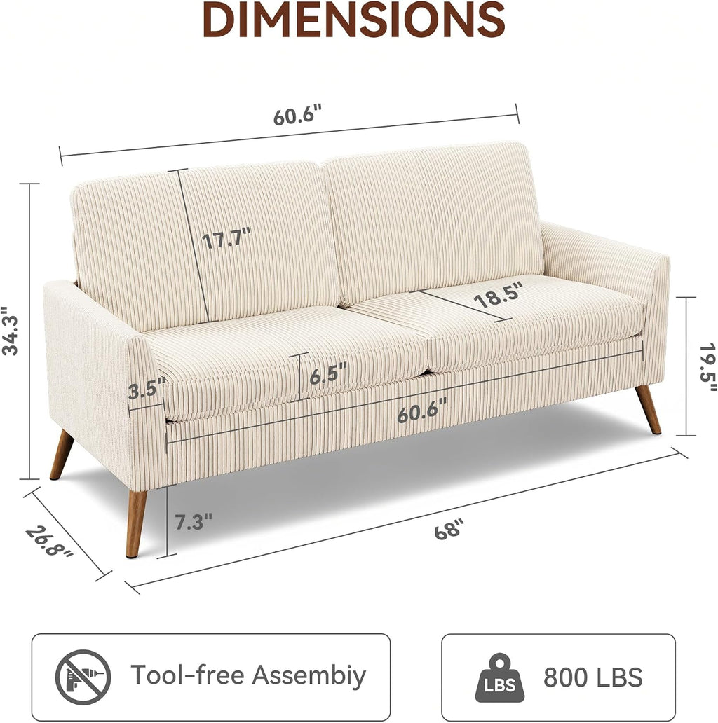 Vipbear 68' Loveseat Sofa - Cream White, Comfy Corduroy with Spring Cushion, Solid Wood Frame, Modern Deep Seat, Bedroom & Living Room, Office Small Couch