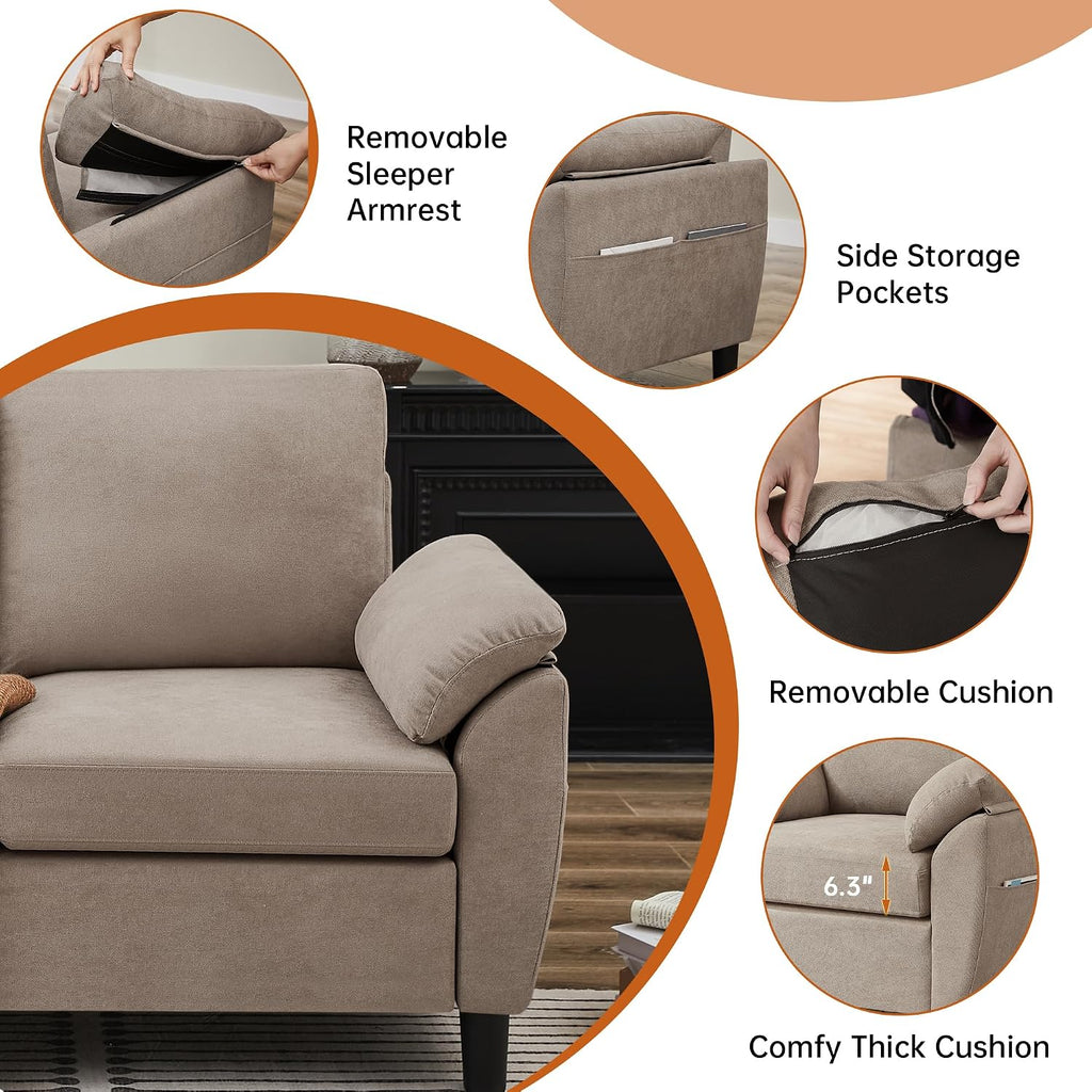 2 Pieces Sectional Sofa Set, 57' Loveseat and 35' Accent Chair, Linen Upholstered Armchair and 2-Seat Loveseat Sofa Set, Couches for Living Room, Apartment, Beige