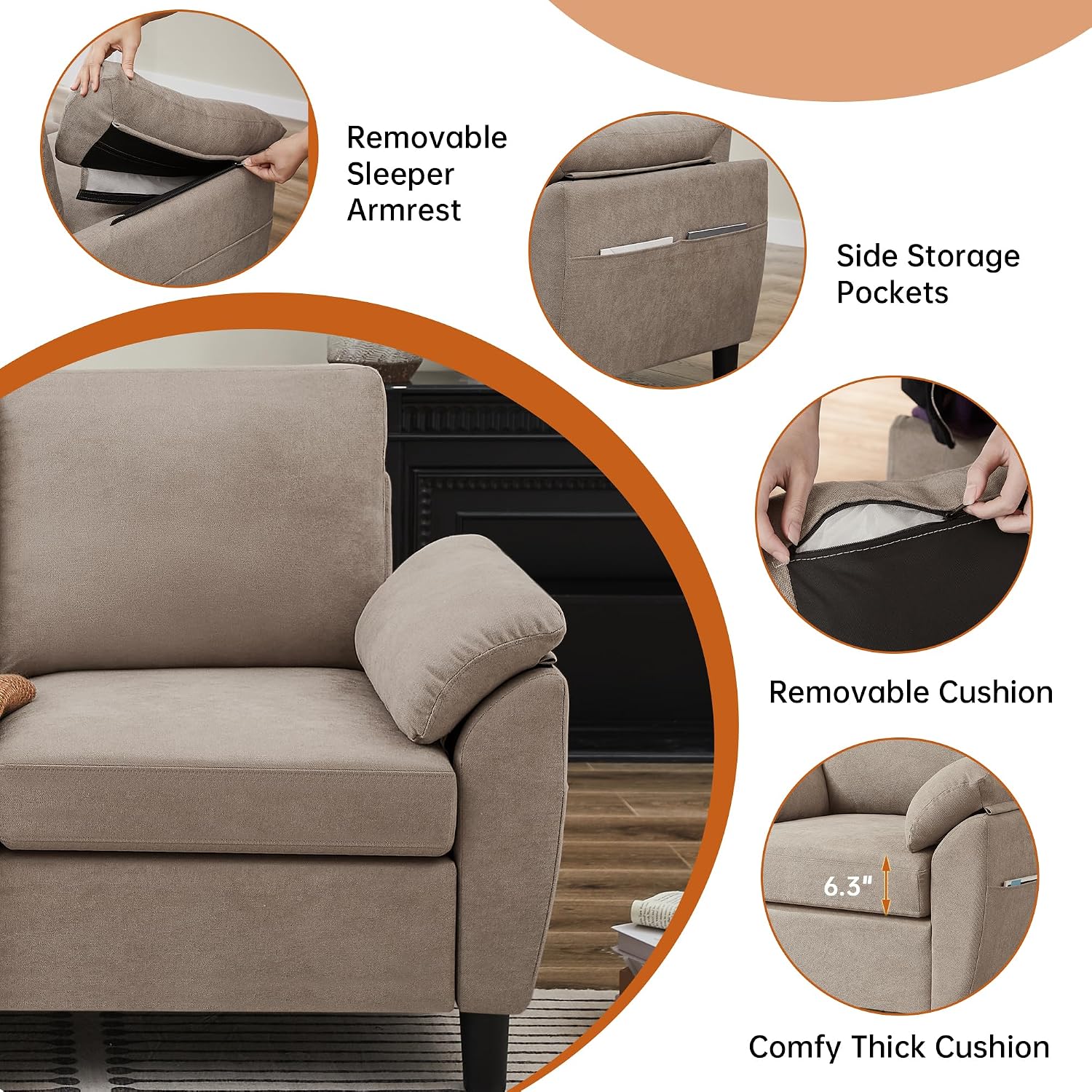 2 Pieces Sectional Sofa Set, 57' Loveseat and 35' Accent Chair, Linen Upholstered Armchair and 2-Seat Loveseat Sofa Set, Couches for Living Room, Apartment, Beige