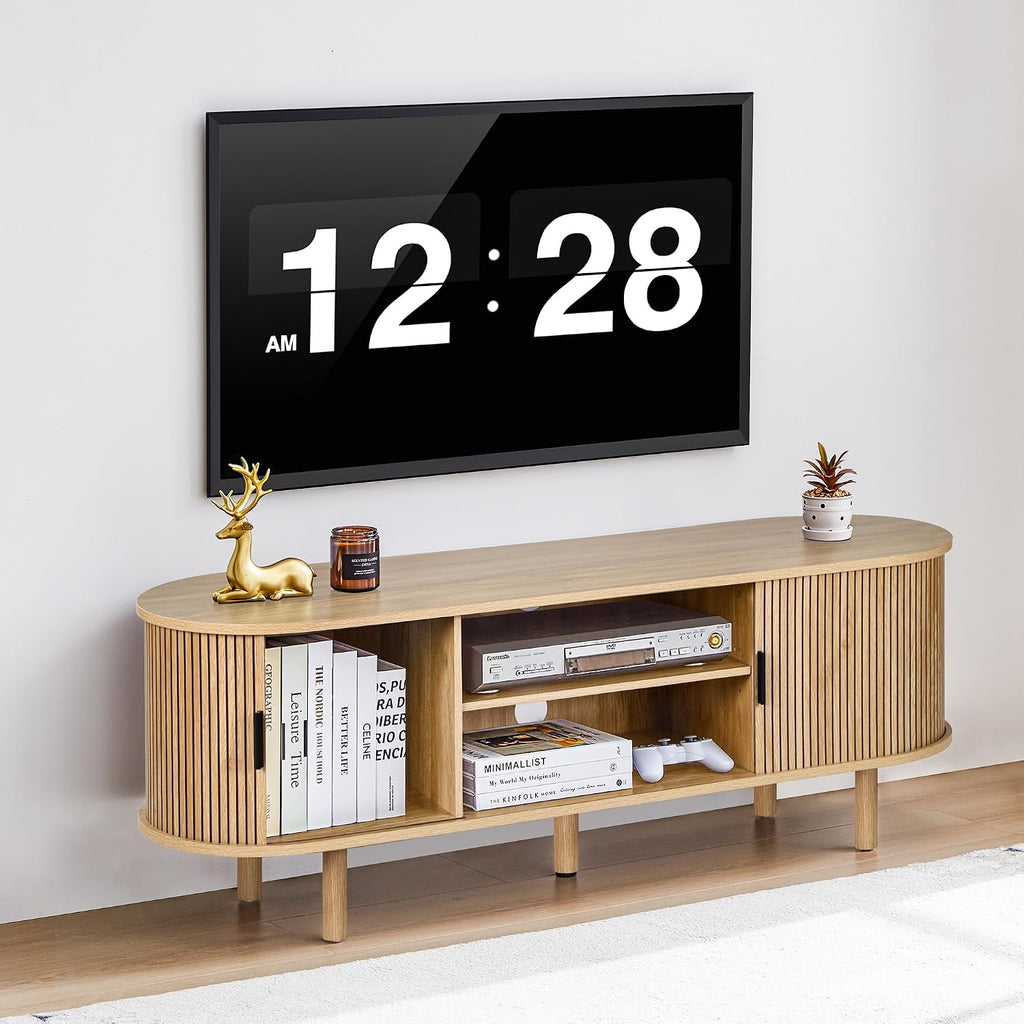 Janmer Home 54' Fluted TV Stand with Storage, Mid Century Modern TV Console with Tambour Sliding Doors, Curved Entertainment Center, Media Console for Living Room, Bedroom (Natural)