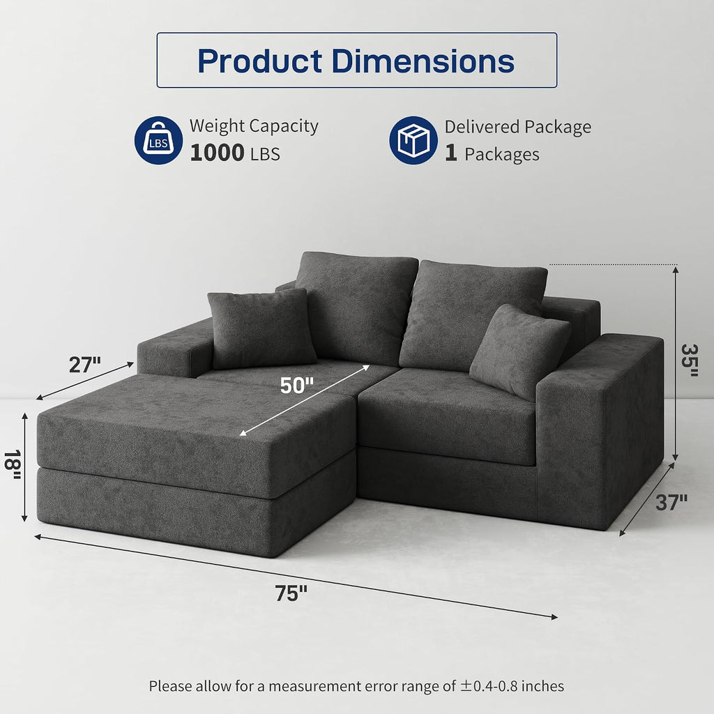 Cloud Modular Sectional Sofa, Comfy Boneless Couch for Living Room, Modern L-Shaped Couch with Reversible Chaise, Customizable Sleeper Sofa Bed with Non Slip, No Assembly & Deep Seat, Dark Grey