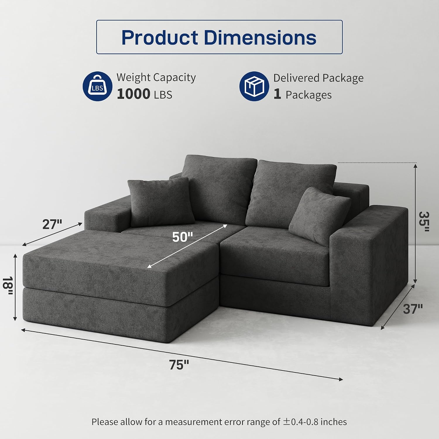 Cloud Modular Sectional Sofa, Comfy Boneless Couch for Living Room, Modern L-Shaped Couch with Reversible Chaise, Customizable Sleeper Sofa Bed with Non Slip, No Assembly & Deep Seat, Dark Grey