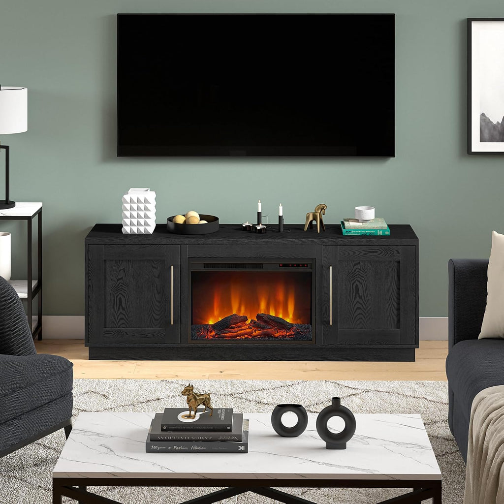 Henn&Hart TV Stand for TVs up to 75' with 26' Electric Log Fireplace for Living Room, Family Room, or Office, Natural Black