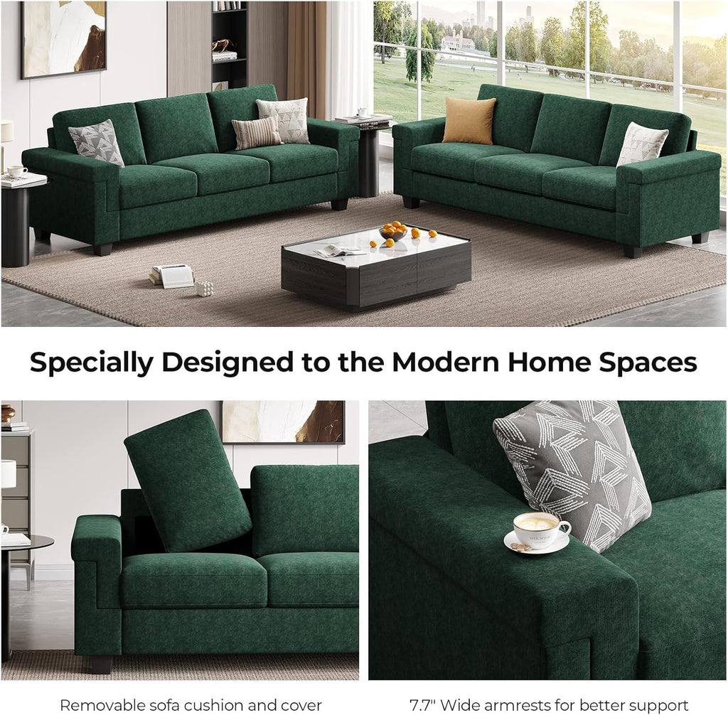 COPIAE 3 Seater Sofa Couch with Deep Seat, 90' Modern Upholstered Sofa with Armrests, Easy Installation, Comfy Couches for Living Room, Apartment, Green