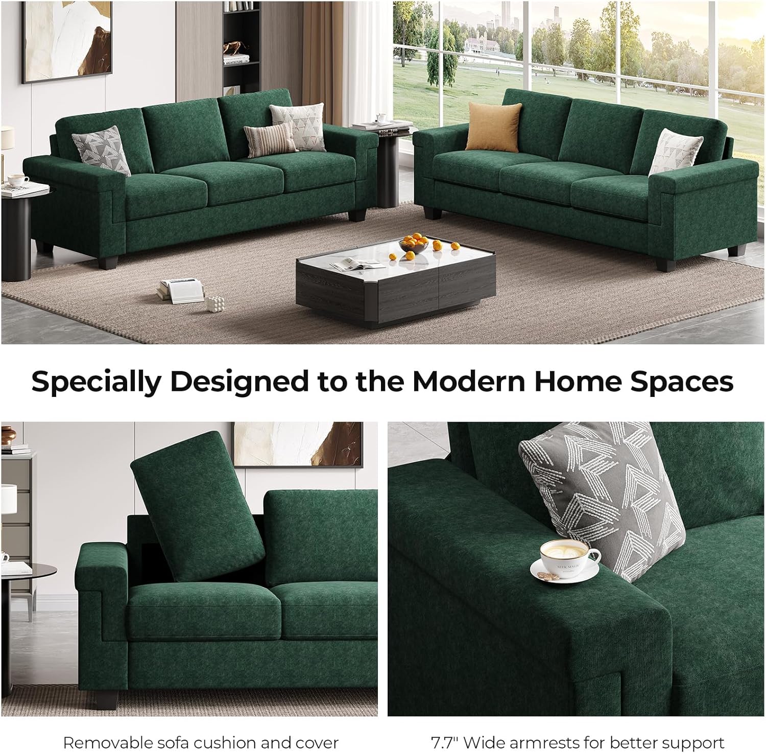 COPIAE 3 Seater Sofa Couch with Deep Seat, 90' Modern Upholstered Sofa with Armrests, Easy Installation, Comfy Couches for Living Room, Apartment, Green