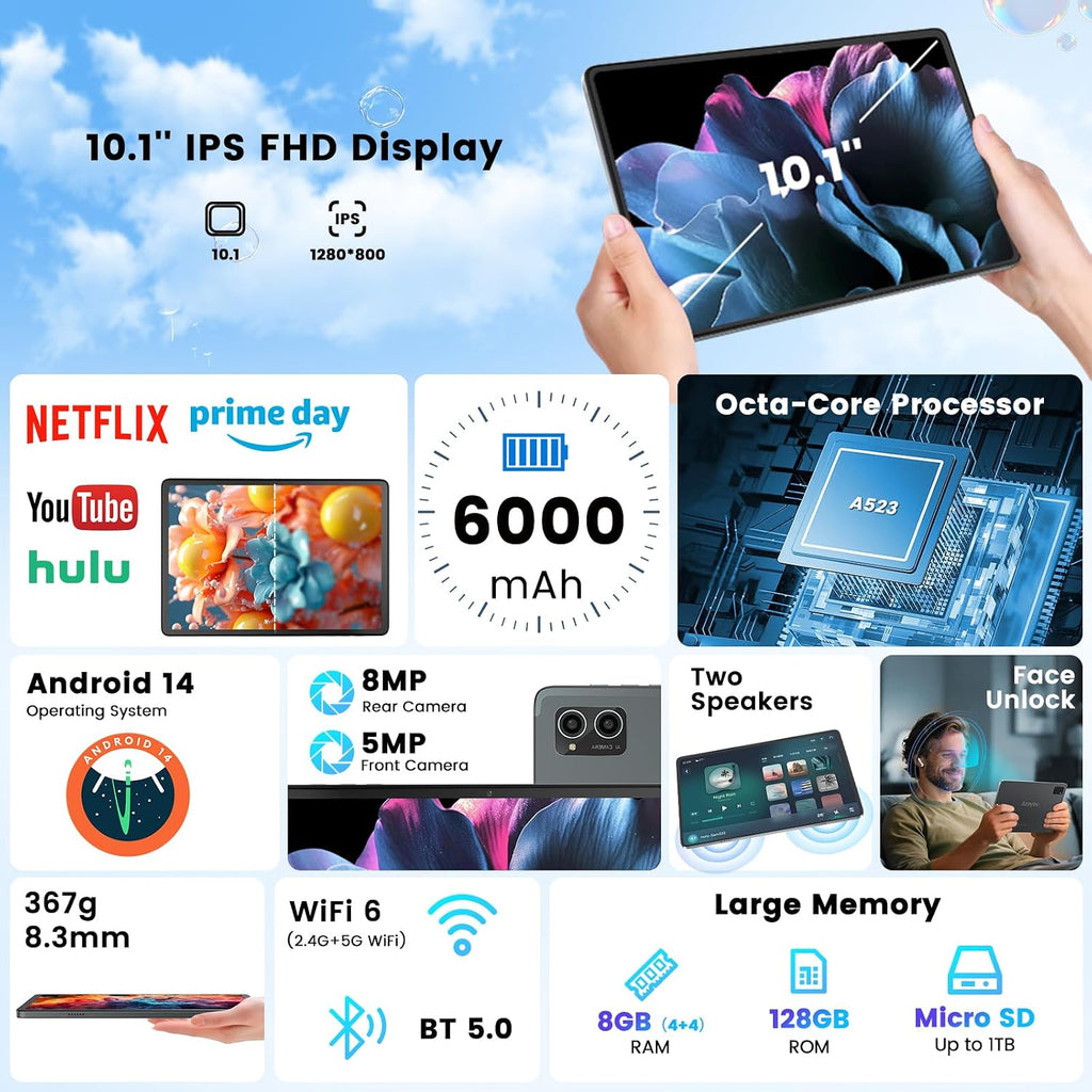Azeyou Android 14 Tablet, 8GB RAM 128GB ROM 1TB TF, 10.1'' IPS Touchscreen 10H Battery, Dual Camera, Wi-Fi 6, Slim, Light, 2 Year Warranty(Metal Gray)