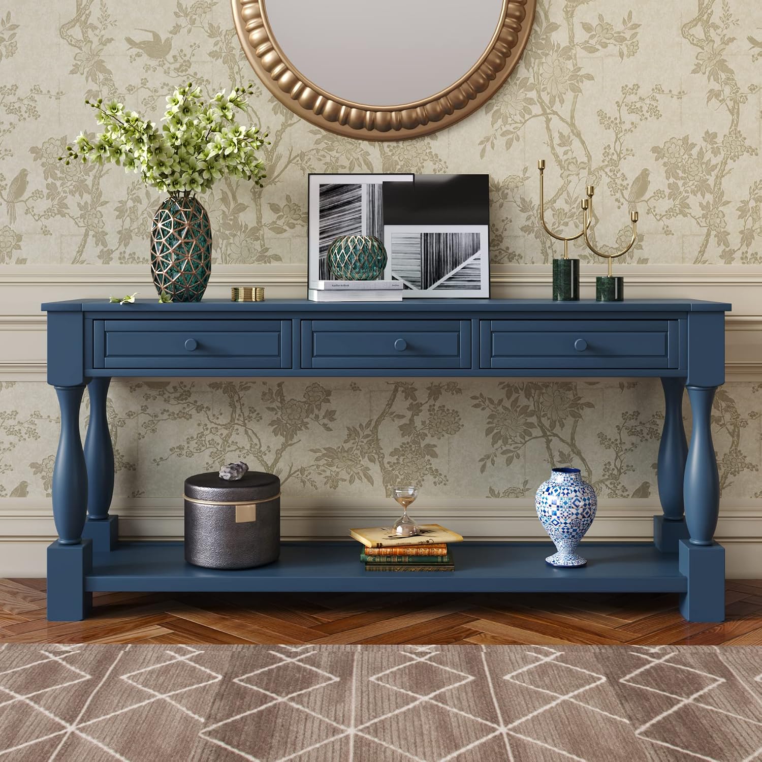 Merax Console Table, 64' Long Extra-Thick Entryway Table Sofa Table with 3 Drawers and Shelf for Entryway, Hallway, Living Room (Navy Blue)
