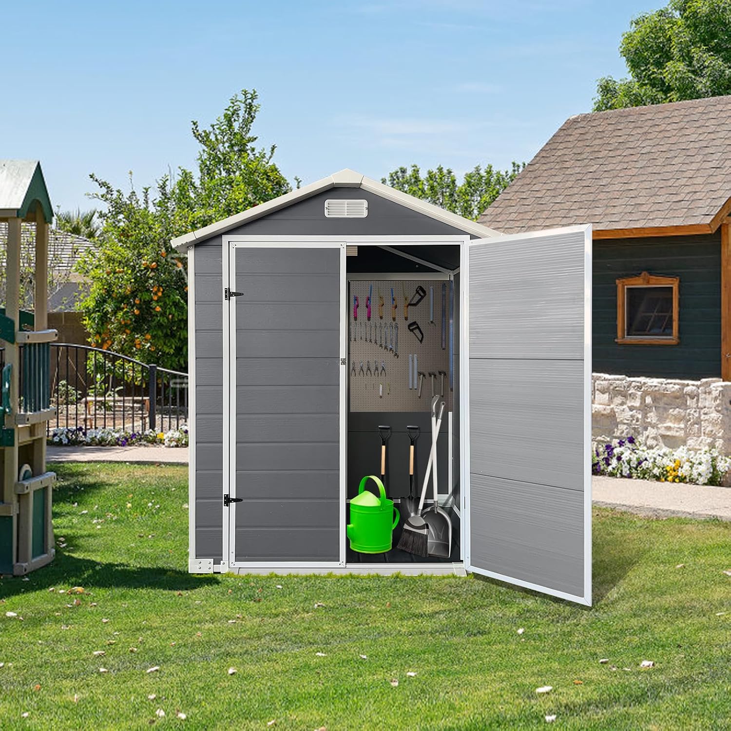 6x4 FT Outdoor Plastic Storage Shed with Floor & Lockable Door, Waterproof Garden Tool Shed with Window & Vent, All-Weather Resin Utility Shed for Backyard, Lawn, Patio, Gray