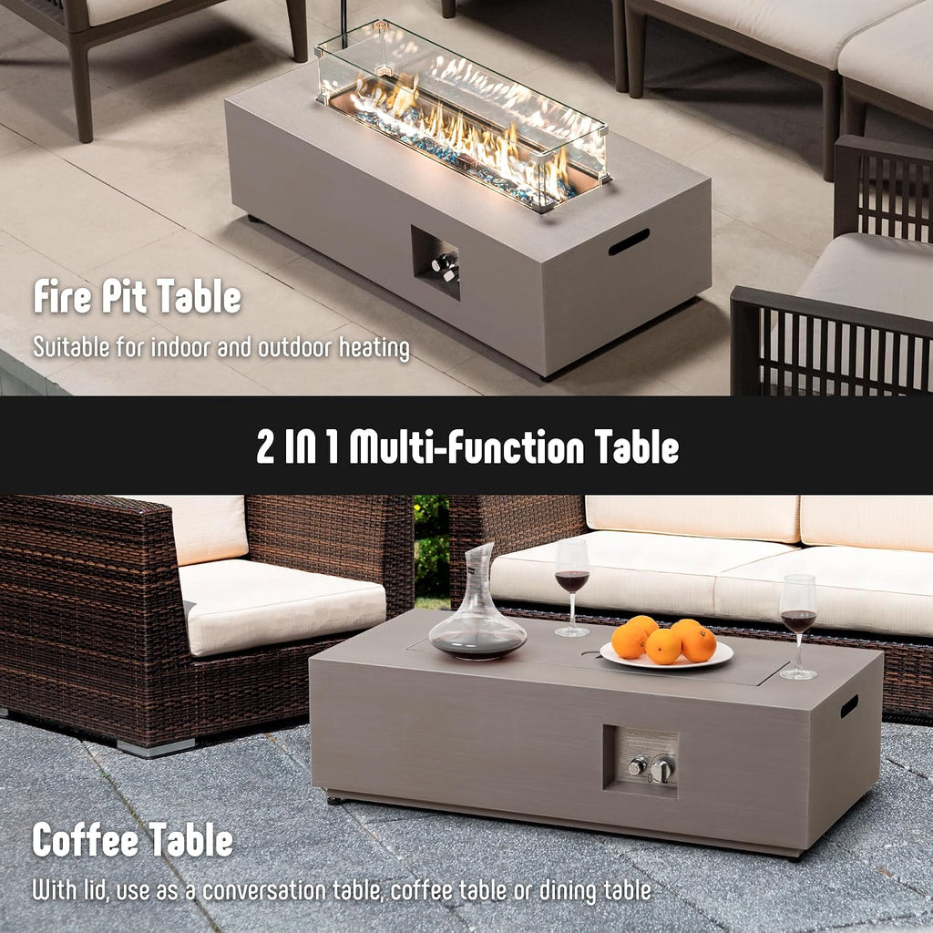 Werph 42'' Propane Fire Pit Table Set with Tank Holder, CSA Certifed 50,000 BTU Outdoor Firepit Table, Wind Guard & Glass Stones, Smoke-Free Rectangular Fire Table for Garden Porch Backyard