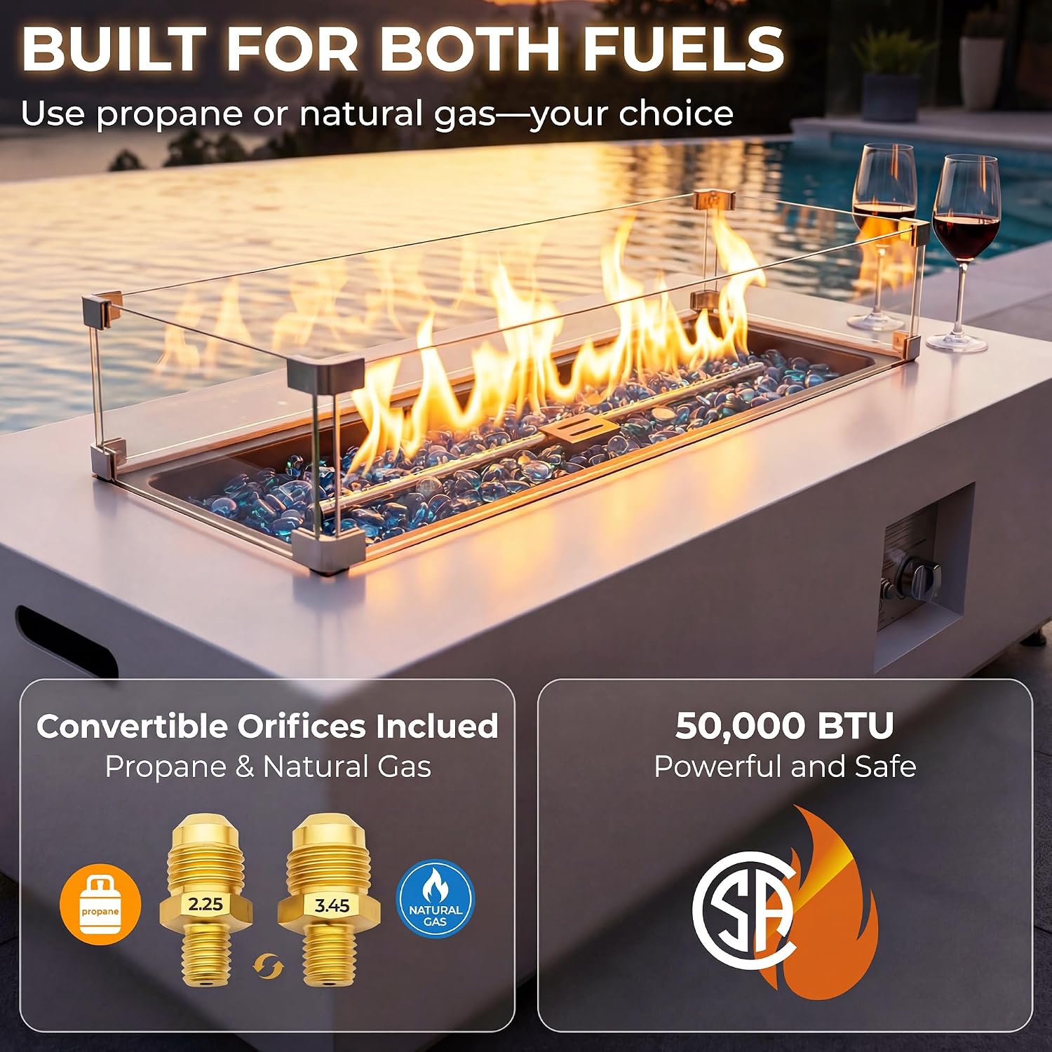 RADIATA 42' Rectangle Propane/Natural Gas Fire Pit for Outside Patio, Elegant Minimalist Lowprofile Firepit Table with Tank Table Long Large, 50000BTU Durable Sturdy Fireplace for Outside, Urban White