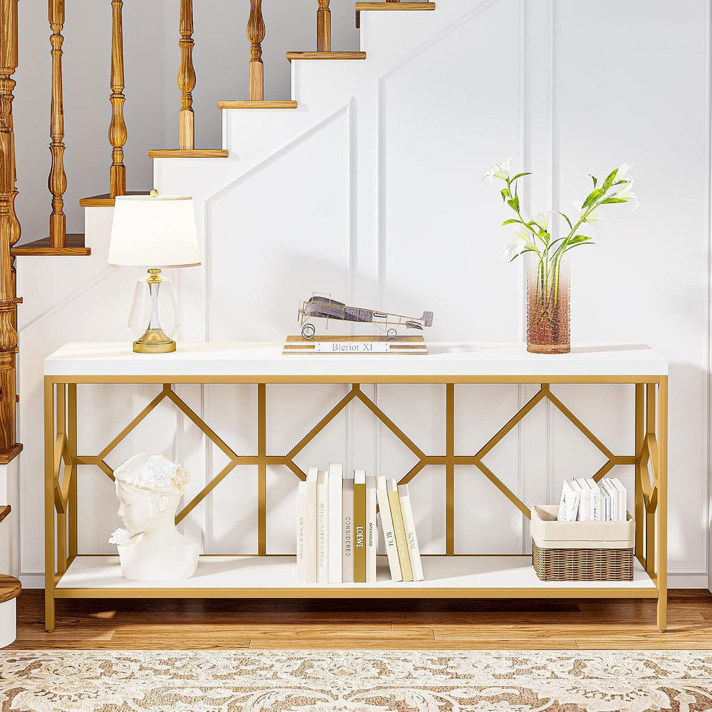 LITTLE TREE 70.9 Inch Extra Long Sofa Table, Industrial Narrow Long Sofa Tables Entry Table Behind Couch Table with Open Storage Shelf, White Gold