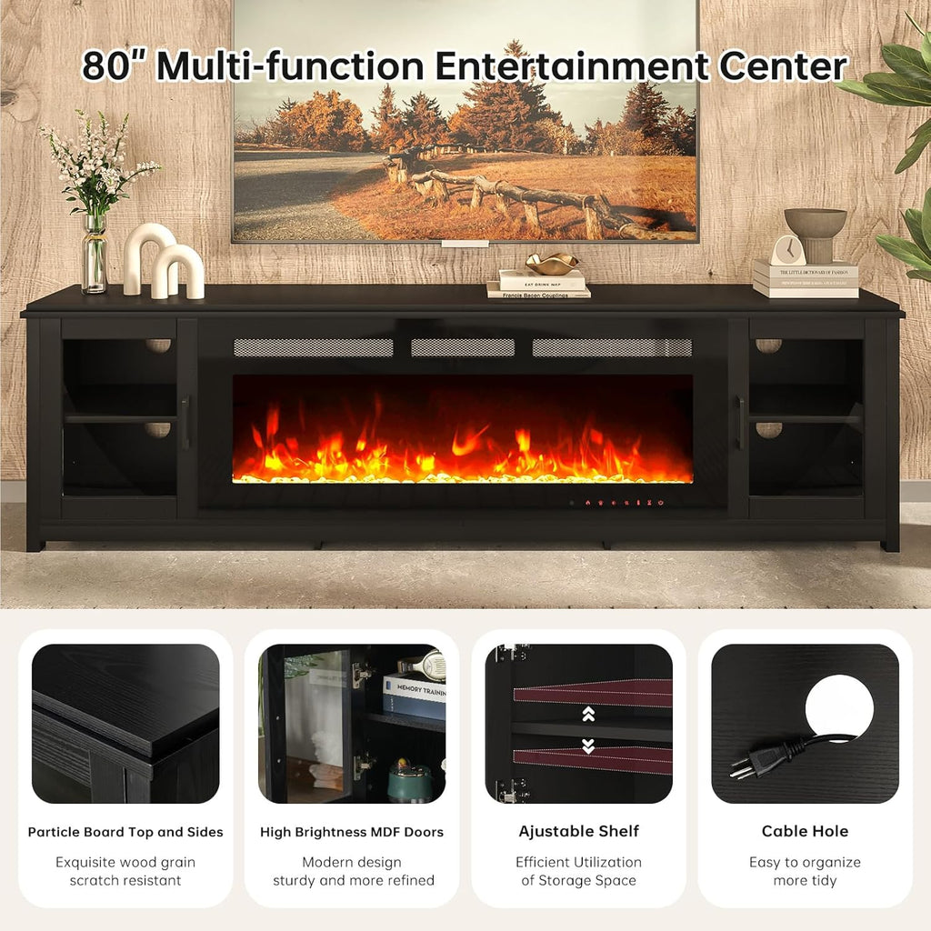 80' Fireplace TV Stand with 50' Electric Fireplace, LED Light Entertainment Center and Storage, Media TV Console for TVs Up to 90',Fire Place TV Stands for Living Room, Black