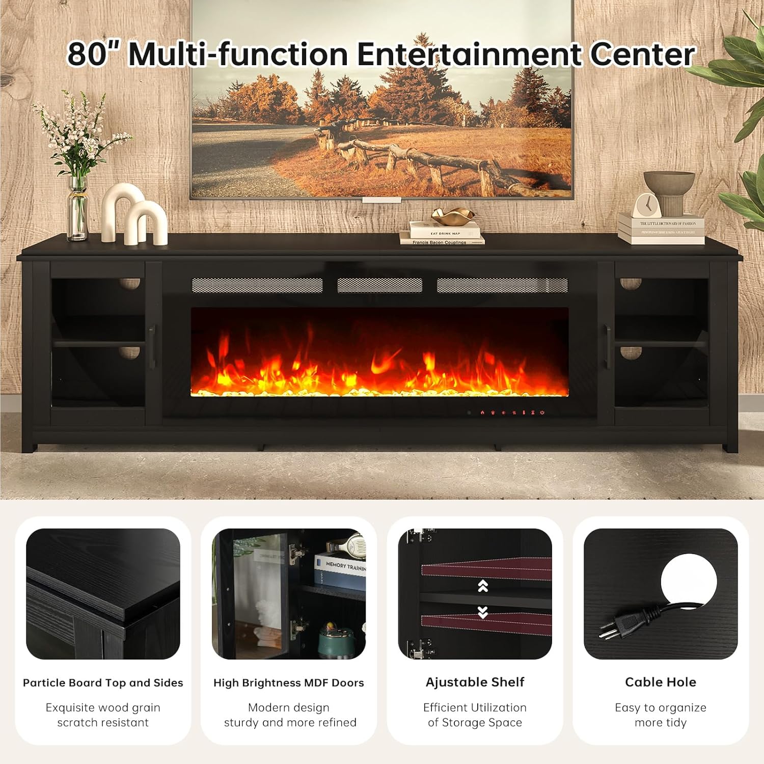 80' Fireplace TV Stand with 50' Electric Fireplace, LED Light Entertainment Center and Storage, Media TV Console for TVs Up to 90',Fire Place TV Stands for Living Room, Black