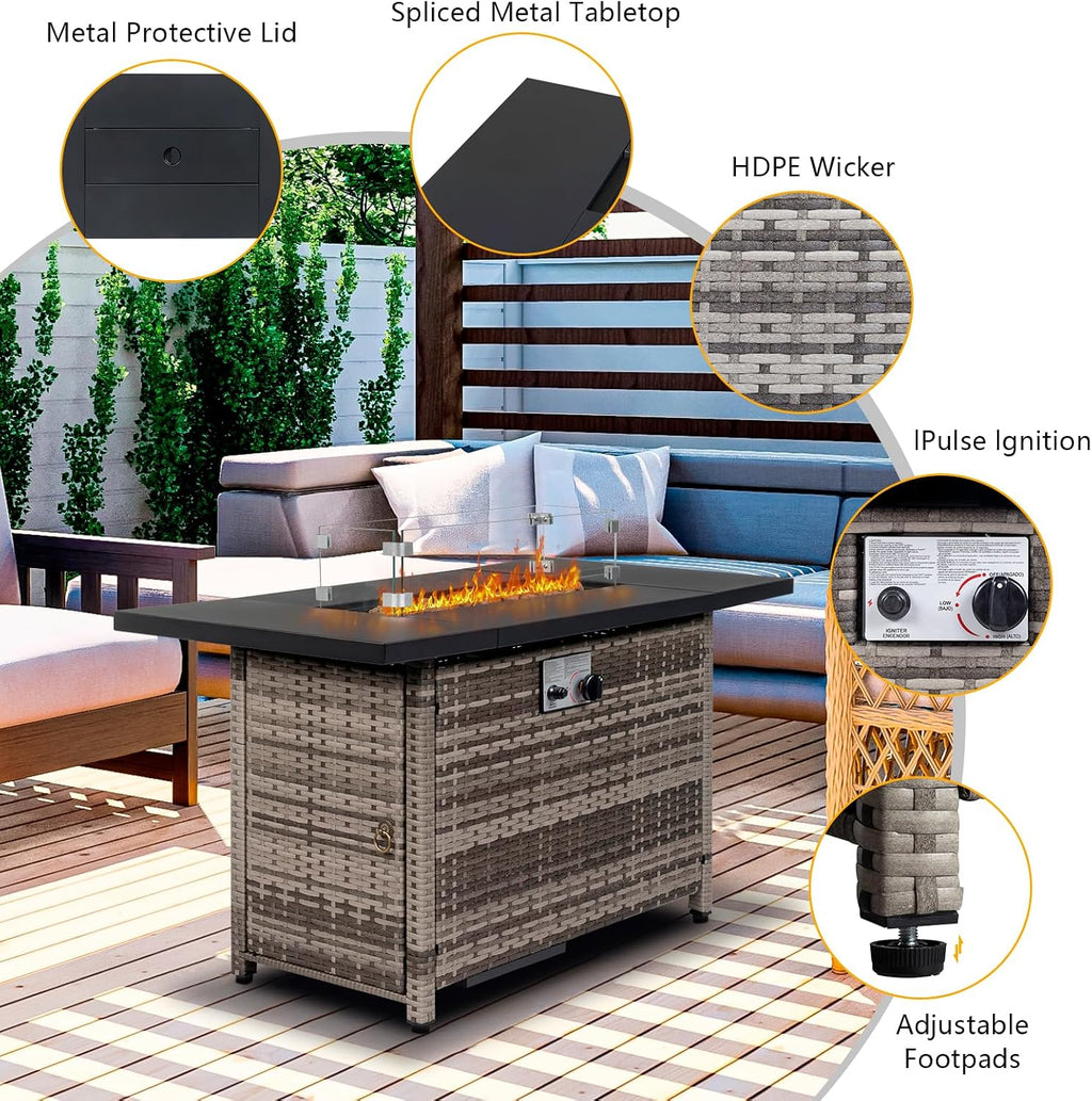VINGLI Fire Pit Table, 43 'Gas Firepit Table, 50,000 BTU Outdoor Propane Fire Pit, Rattan Finish, Spliced Metal Tabletop, Lava Rock, Rain Cover, Windshiel for Patio Garden or Thanksgiving - Grey
