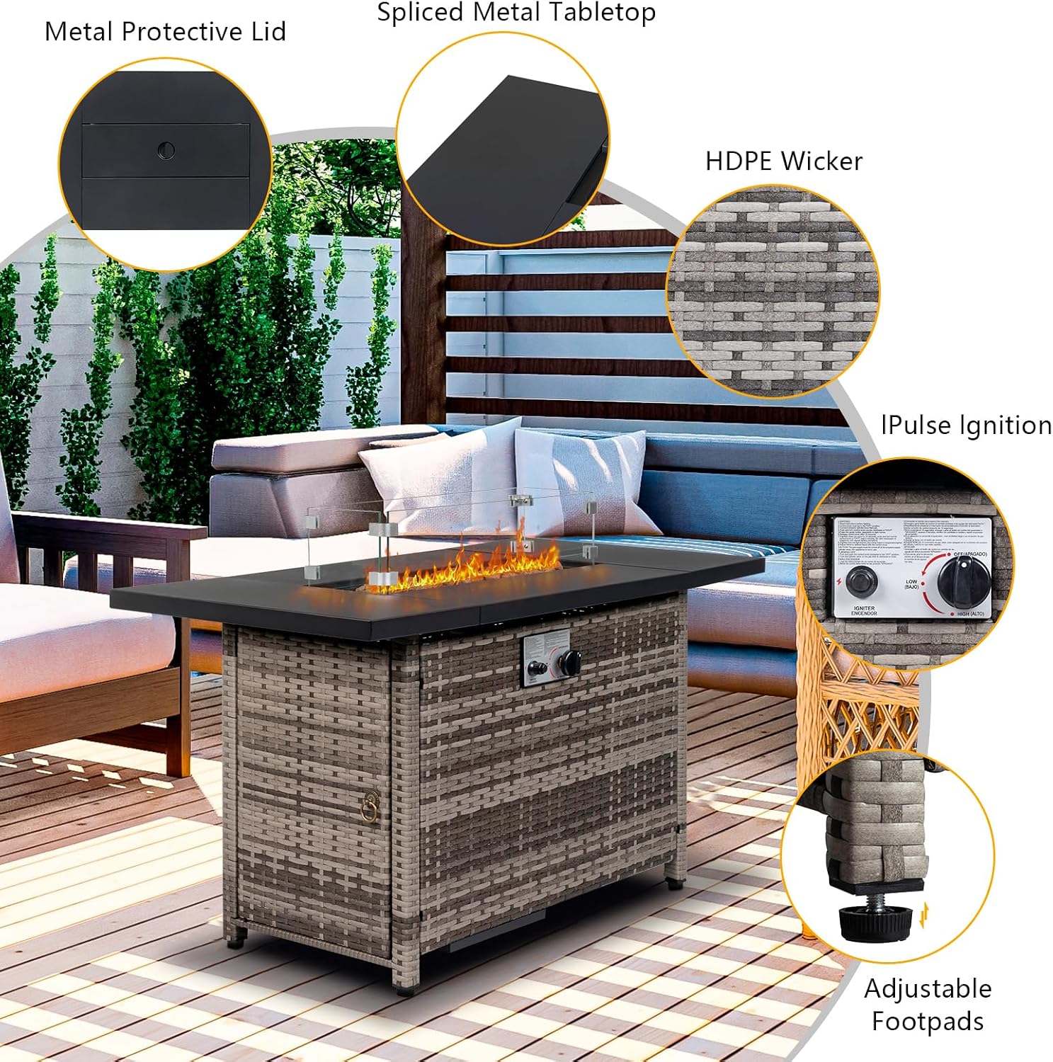 VINGLI Fire Pit Table, 43 'Gas Firepit Table, 50,000 BTU Outdoor Propane Fire Pit, Rattan Finish, Spliced Metal Tabletop, Lava Rock, Rain Cover, Windshiel for Patio Garden or Thanksgiving - Grey