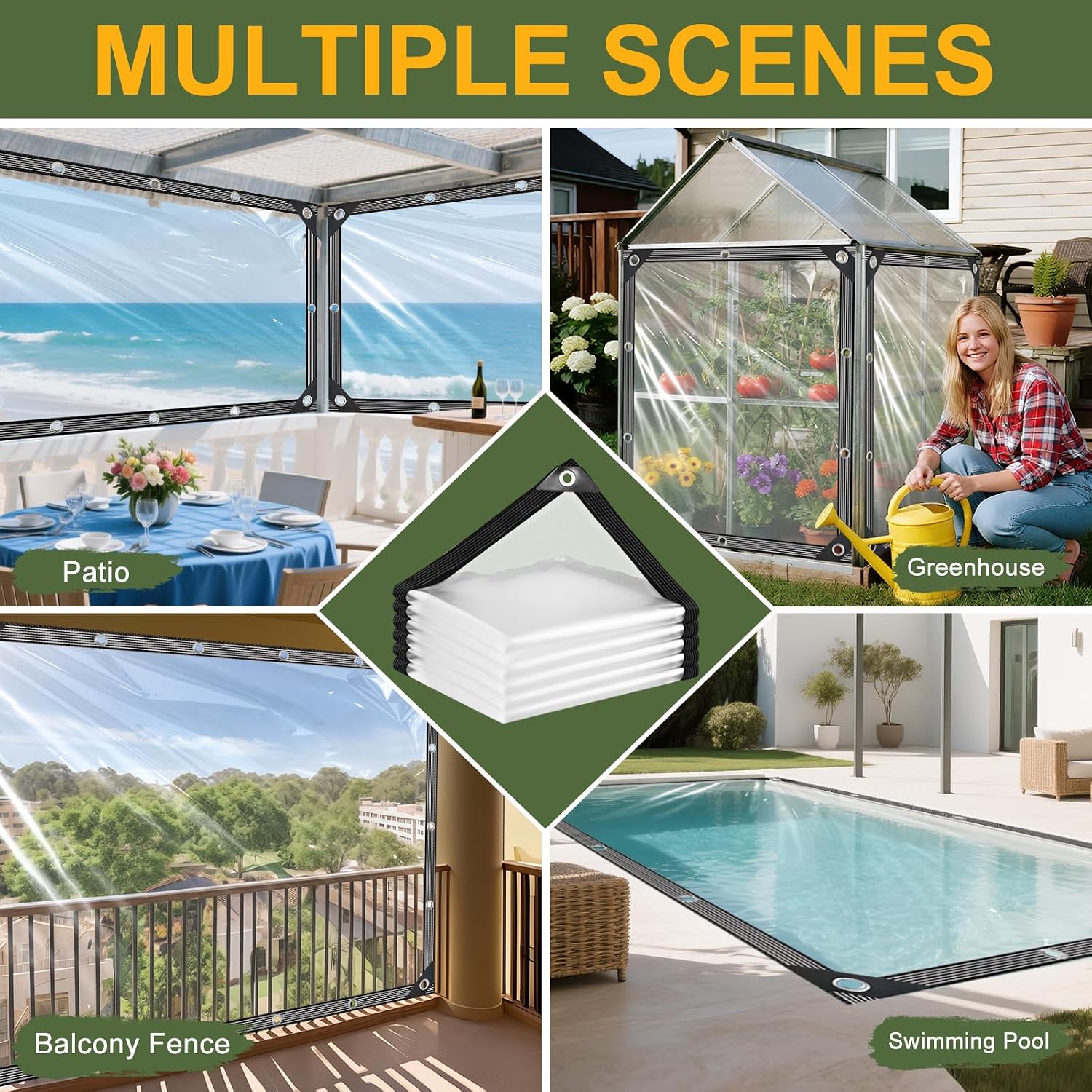 Clear Tarp with Grommets 12x12ft Clear Tarps Heavy Duty Waterproof 14 Mil Thickened PVC Tear-Resistant Reinforced Edges Clear Plastic Vinyl Tarp for Patio Chicken Coop Cover Greenhouse Plant Enclosure