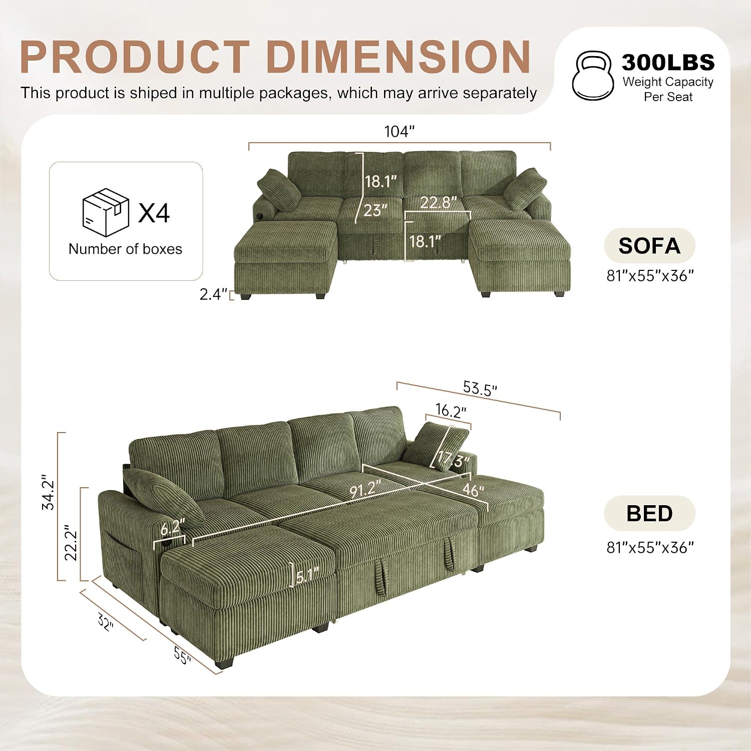 Hanherry 104' Sectional Couch with Pull Out Sofa Bed,Corduroy Sleeper Sofa with Storage Ottoman & USB Charging,Comfy U Shaped Modular Couches for Living Room,Apartment