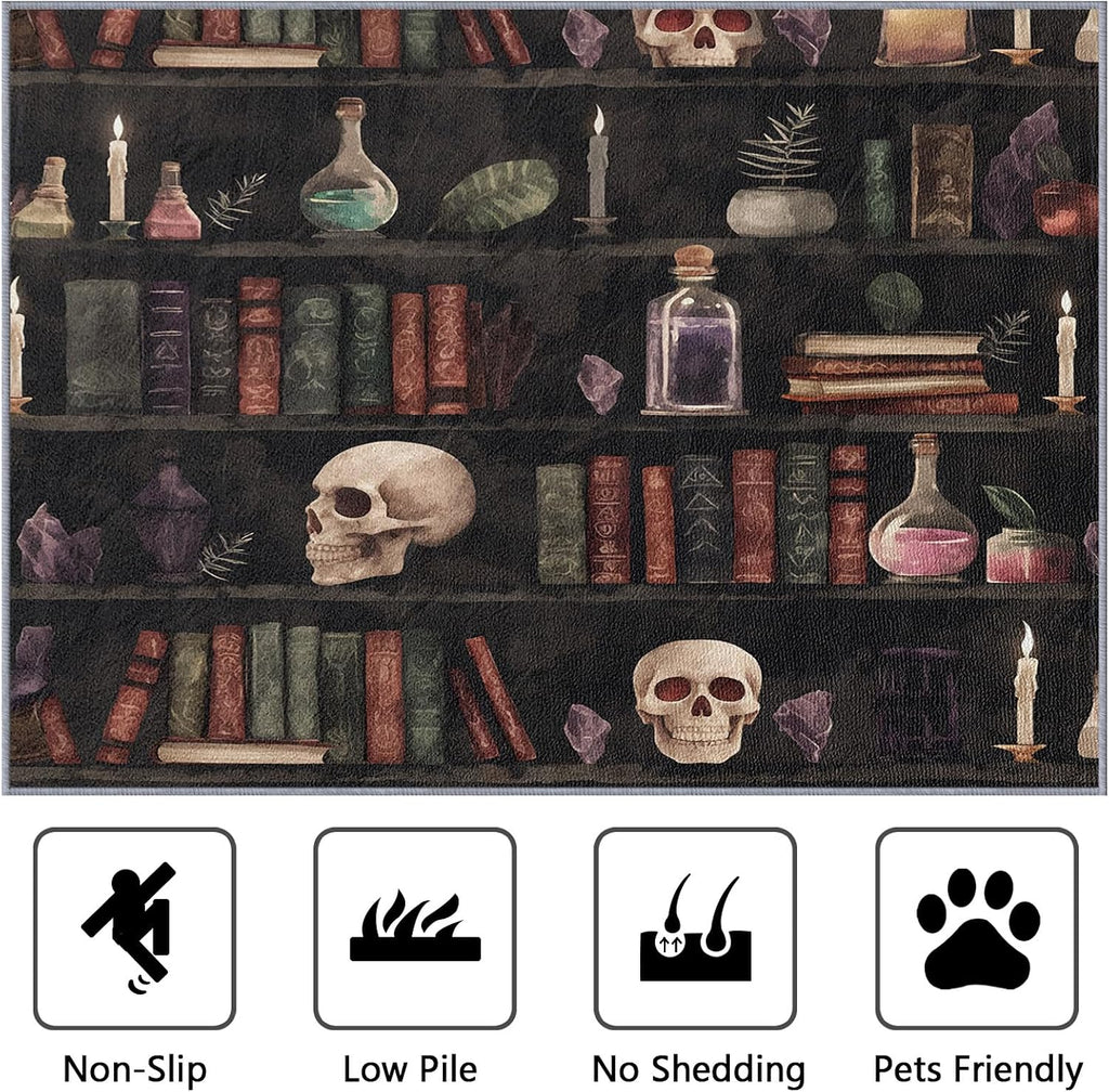 Witchcraft Large Area Rug - 7x10 Rug - Bookshelf Witch Skull Gothic Rugs for Living Room Non Slip Low Pile Machine Washable Area Rugs,Witchcraft Carpets Home Decor