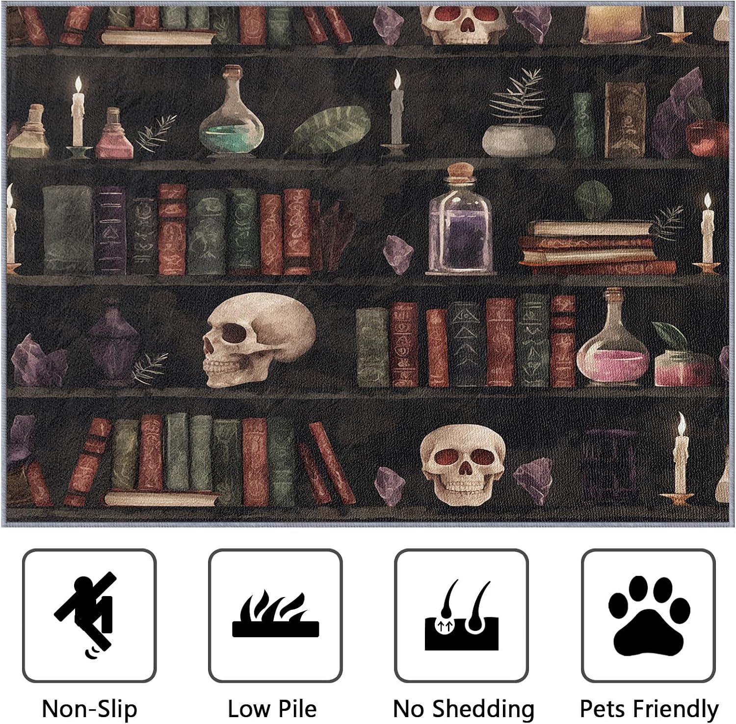 Witchcraft Large Area Rug - 7x10 Rug - Bookshelf Witch Skull Gothic Rugs for Living Room Non Slip Low Pile Machine Washable Area Rugs,Witchcraft Carpets Home Decor