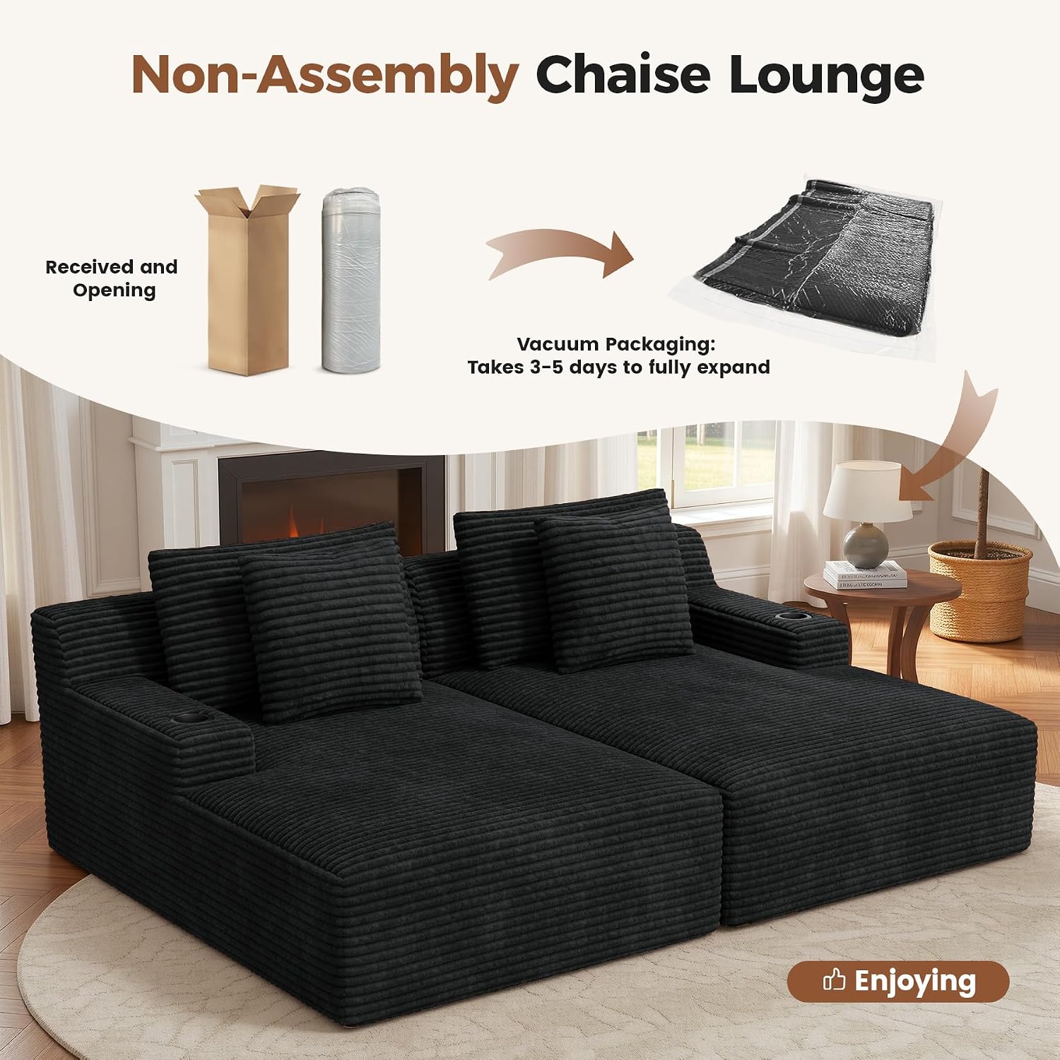 Luxanimarion 80'' Double Chaise Lounge Chair Indoor, Non-Assembly Deep Seat Sofa with Cup Holders Boneless Bed with 4pcs Pillows for Living Room Bedroom, Black- Corduroy