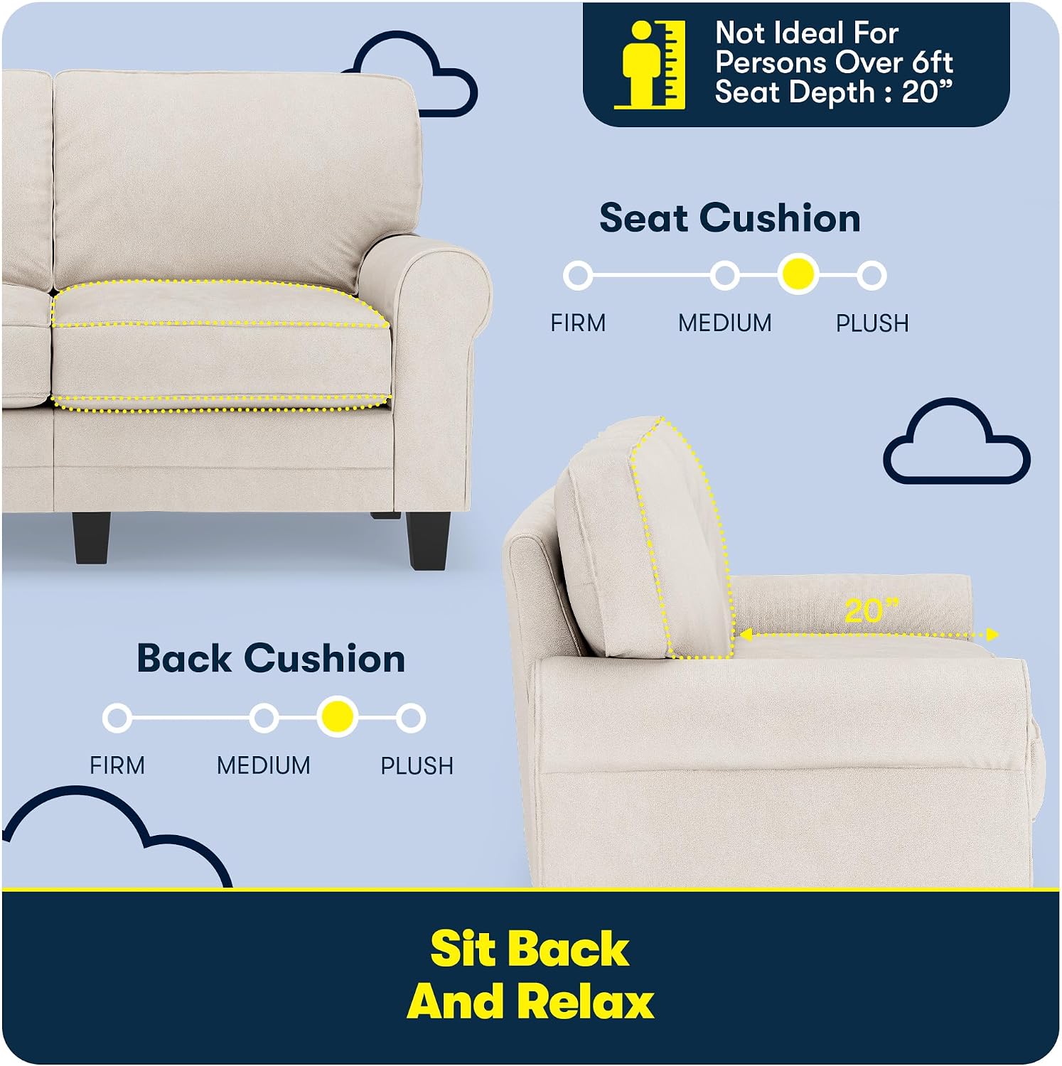 Serta Copenhagen 61' Rolled Arm Sofa, Easy Care Polyester, Soft Pillow Back, Pocket Coil Seat Cushions, Removable Covers, Loveseat or Couch for Small Spaces, Living Rooms or Bedrooms, Cream White